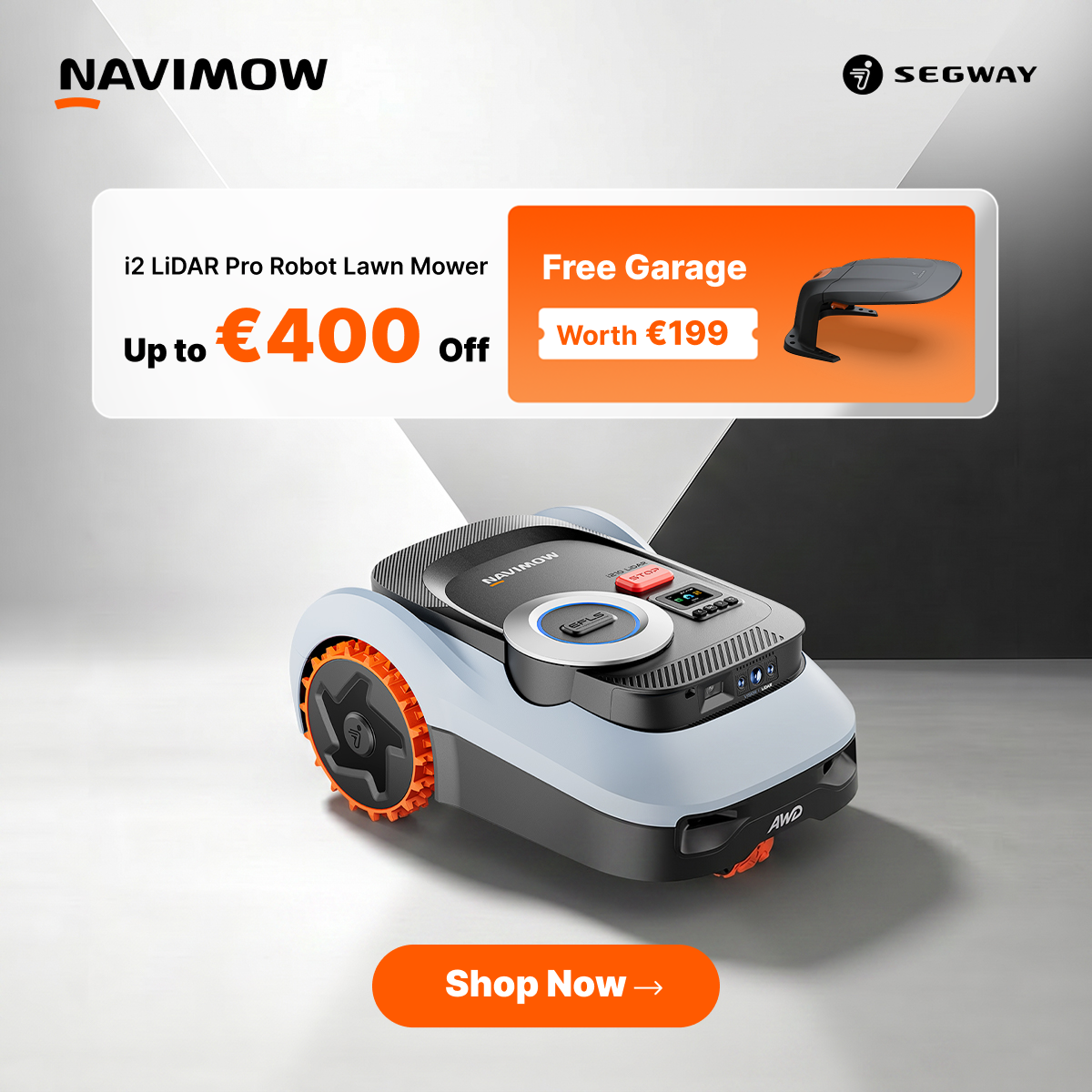 Segway Navimow Nordics Facebook ad: Navimow i2 LiDAR Pro | Up to €400 OFF + FREE Garage