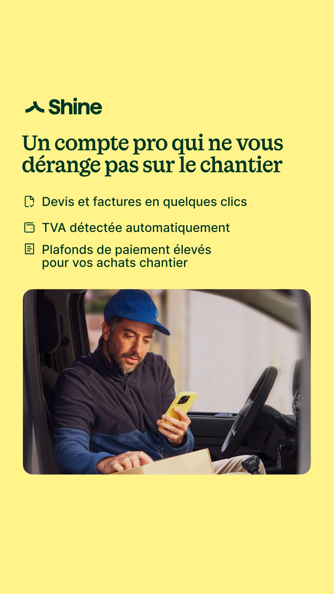 Shine Facebook ad: Pensé pour vous suivre sur vos chantiers.
