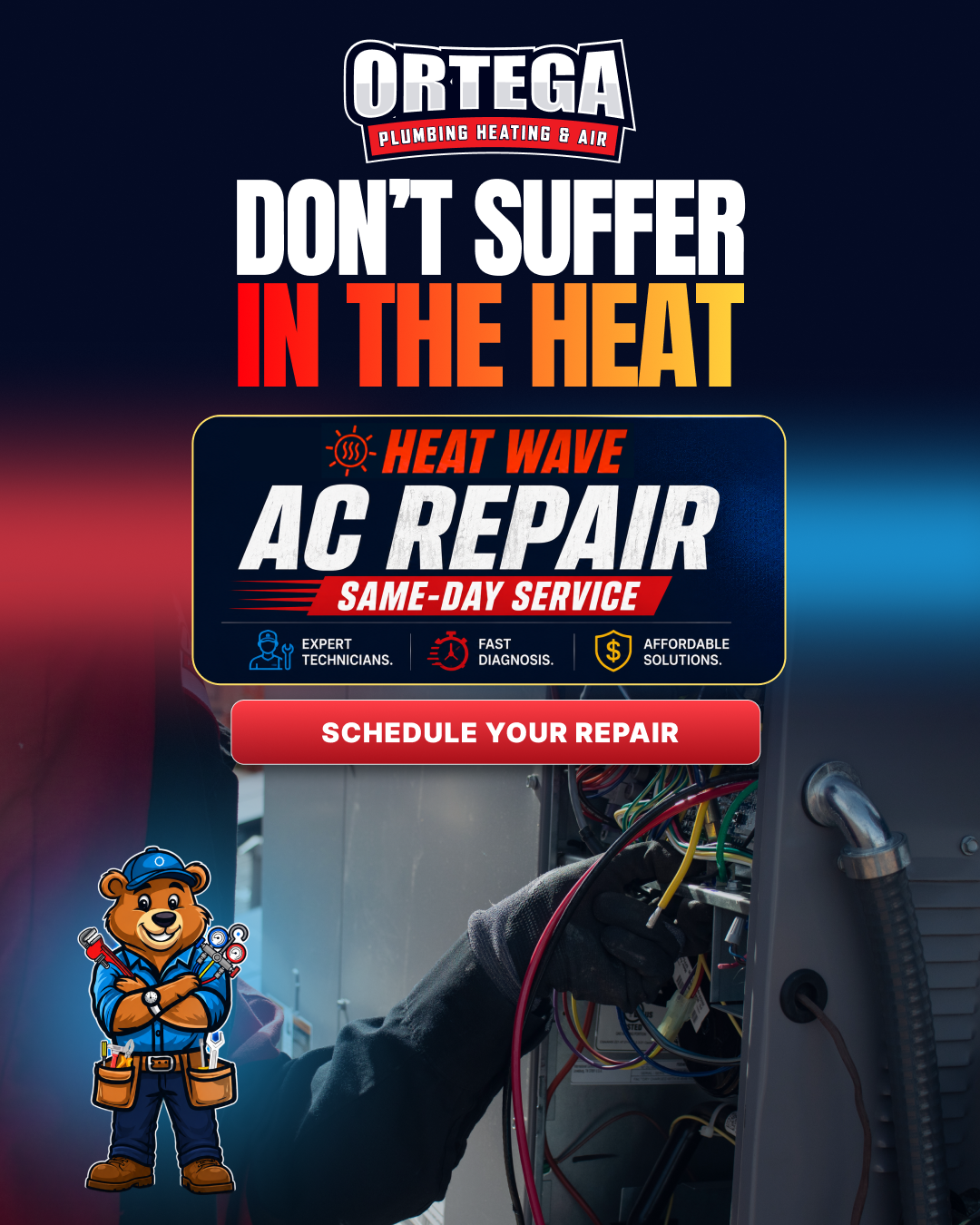 Ortega Plumbing Heating & Air Facebook ad: Expert AC Repair Available Now