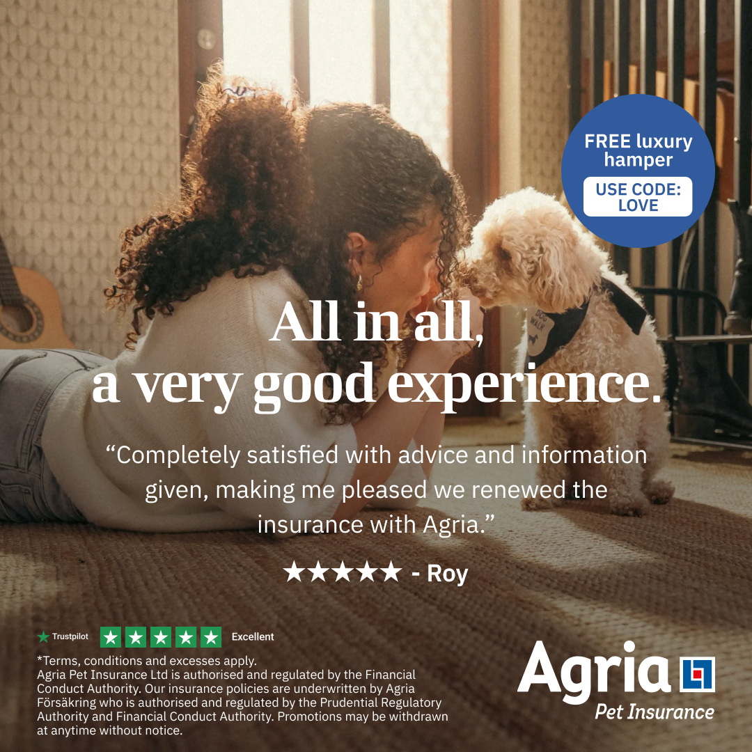 Agria Pet Insurance Facebook ad: Use code LOVE for a FREE luxury hamper.