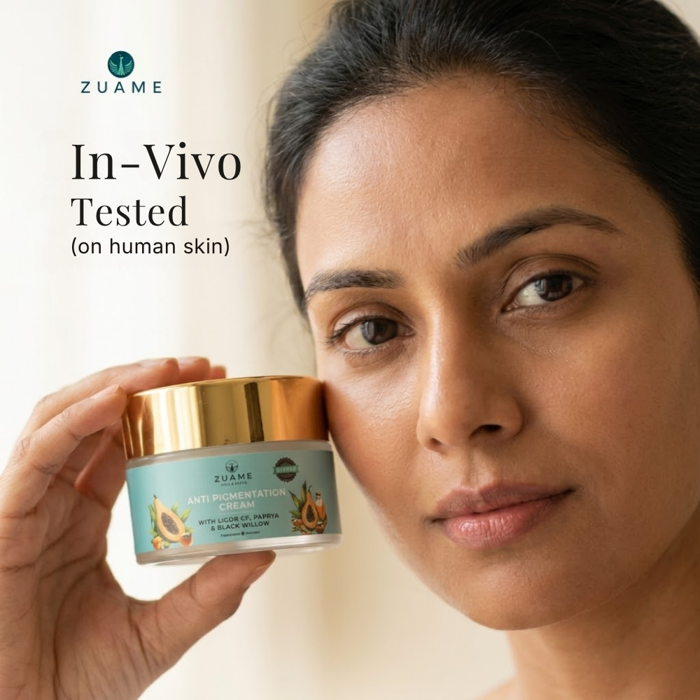 Zuame Wellness Facebook ad: Zuame's Anti Pigmentation Cream is In-Vivo Tested.