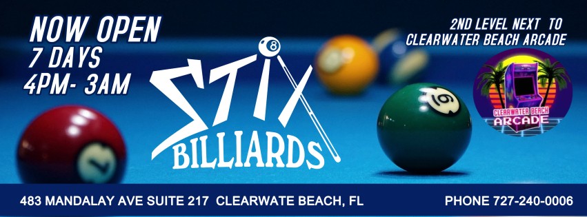 Stix Clearwater Beach Facebook ad: A full billiards hall offering a great atmosphere-with…