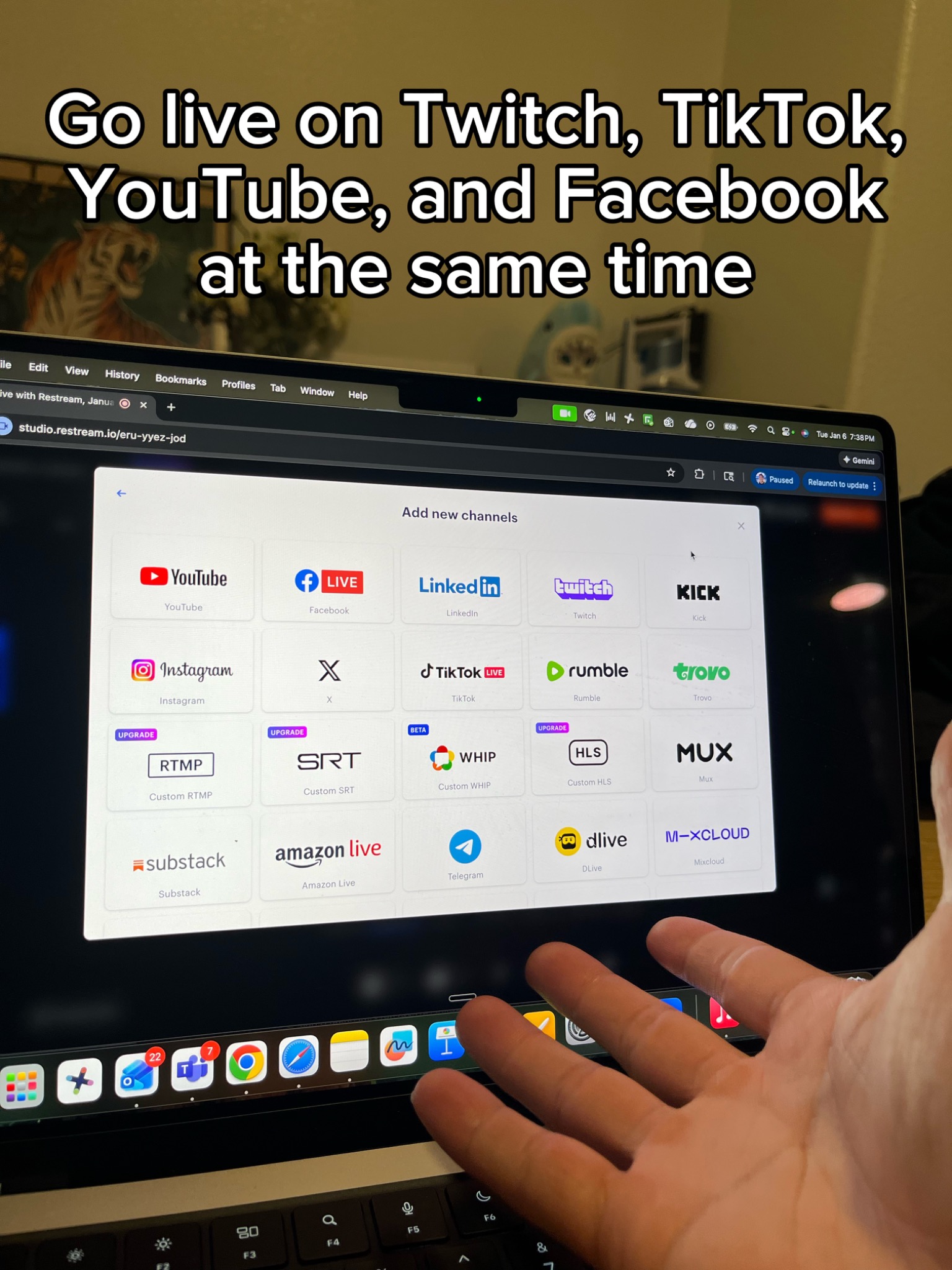 Restream Facebook ad: One Stream. 30+ Platforms.