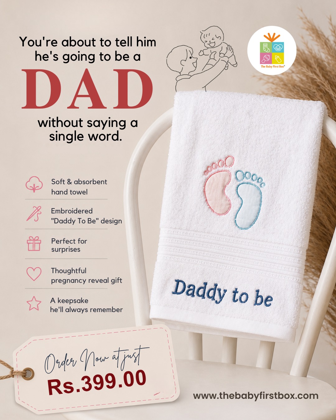 The Baby First Box Facebook ad: Premium Baby Shower Hand Towel for Dad