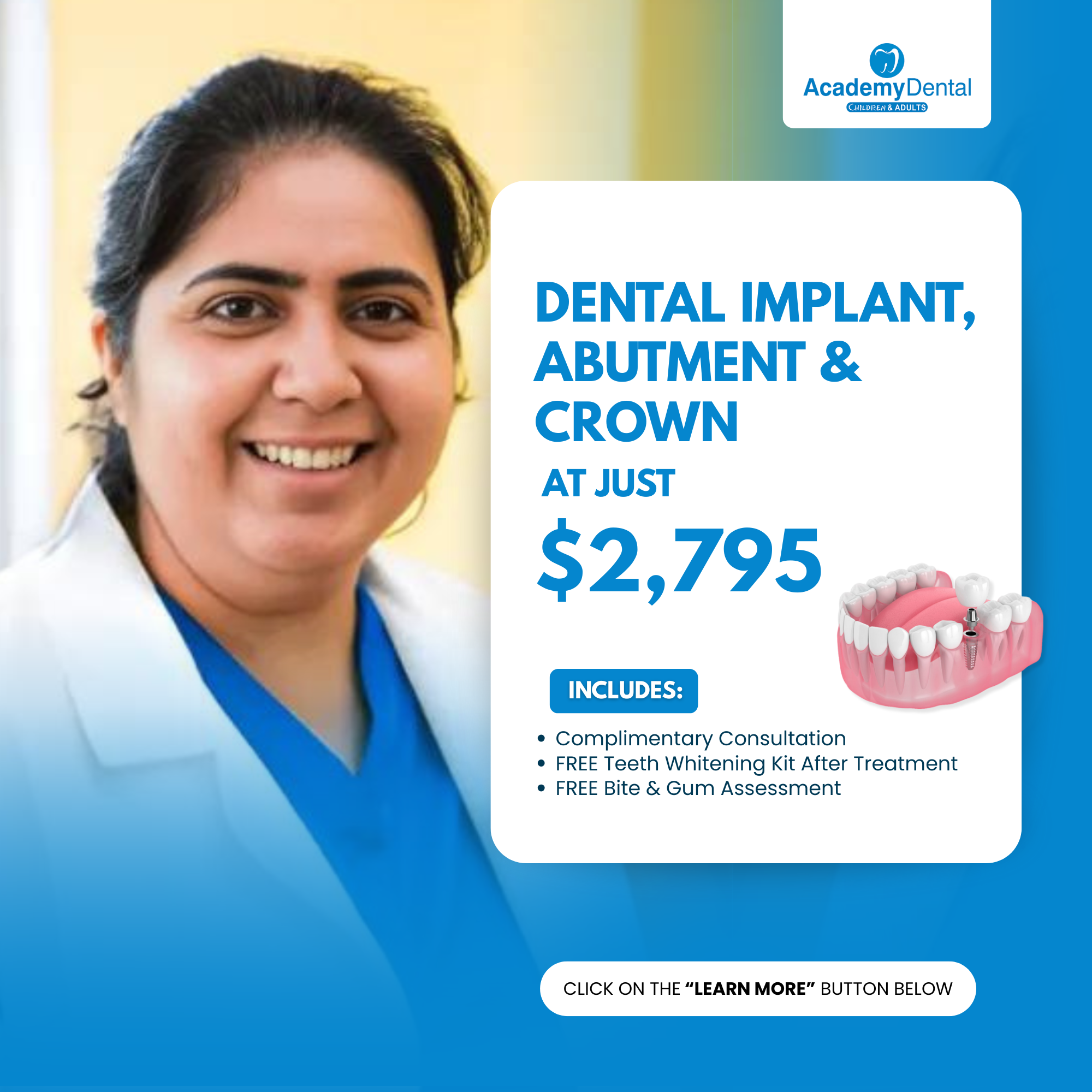Academy Dental of Hamilton PA Facebook ad: Hey Hamilton! Dental Implant, Abutment and Crown at Just…