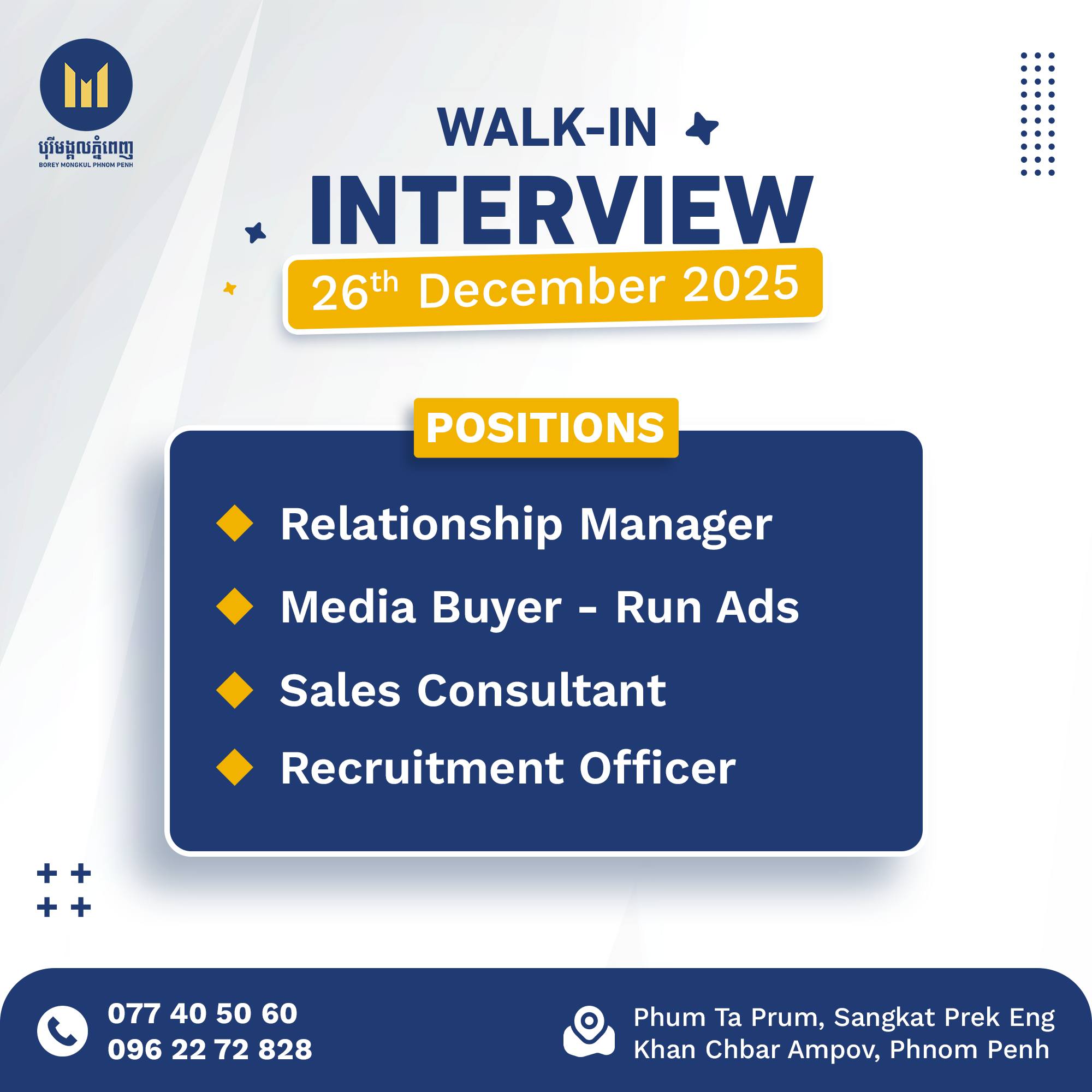 Borey Mongkul Phnom Penh Co.,Ltd Facebook ad: JOB VACANCY! REAL ESTATE!