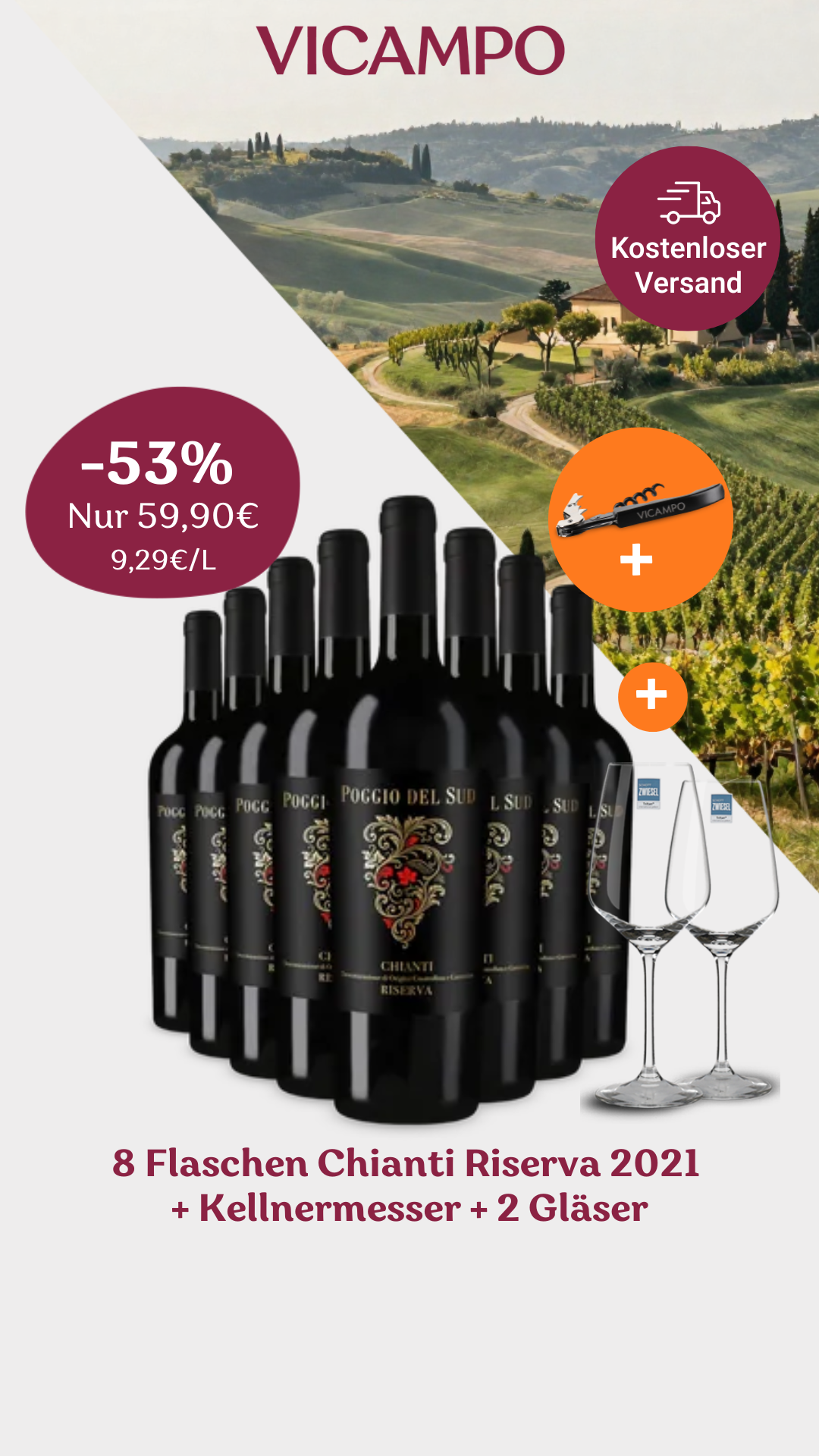 Vicampo Facebook ad: Der perfekte Genussmoment - 8x Chianti Riserva mit 2…