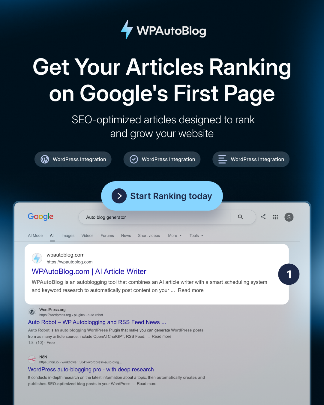 WPAutoBlog Facebook ad: Create articles that rank #1