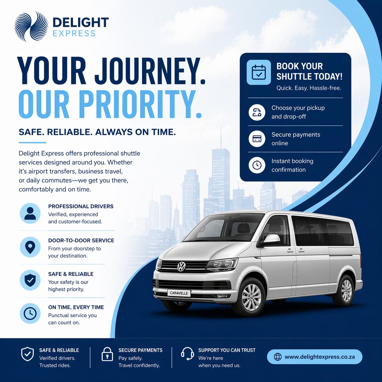 Delight Expess Facebook ad: BOOK YOUR SHUTTLE WITH US THROUGH