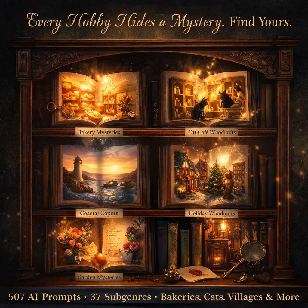 Cozy Mystery Empire Facebook ad: 507 AI Prompts That Write Complete Cozy Mystery Novels For…