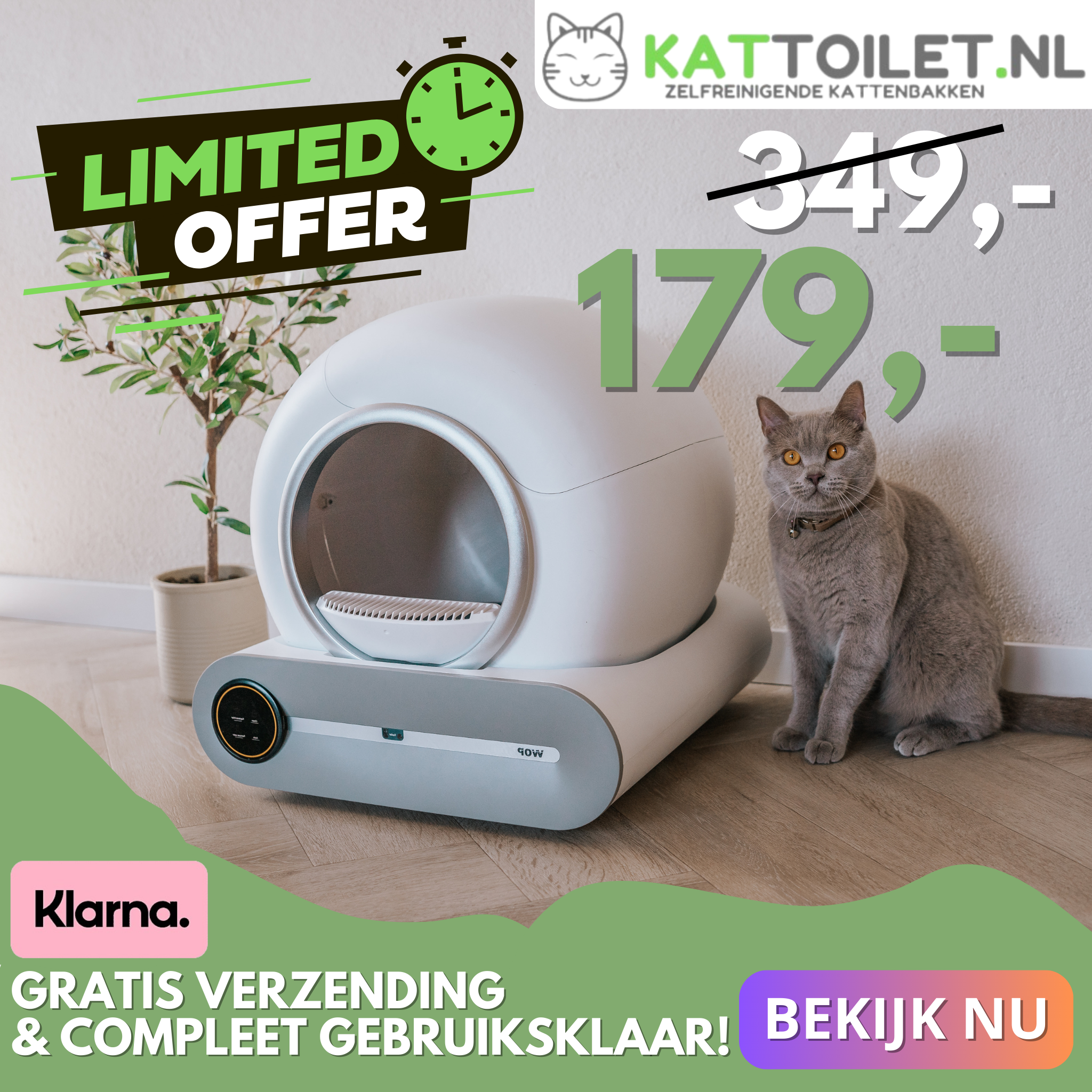 Kattoilet.nl - Zelfreinigende kattenbak Facebook ad: TIJDELIJK slechts: 179,-