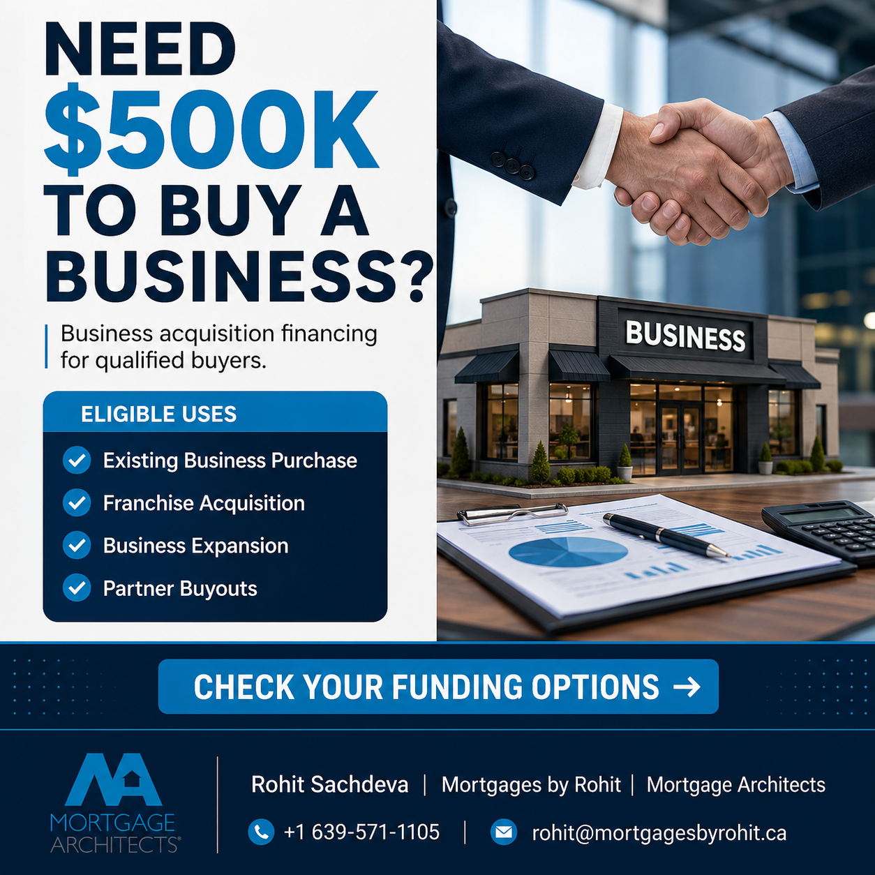 Mortgages By Rohit Facebook ad: Business Acquisition Financing from $100K-$2M+