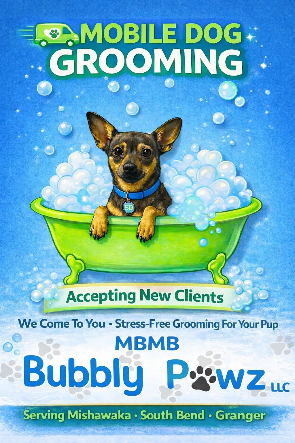 Bubbly Pawz, LLC Facebook ad: Mobile dog grooming.