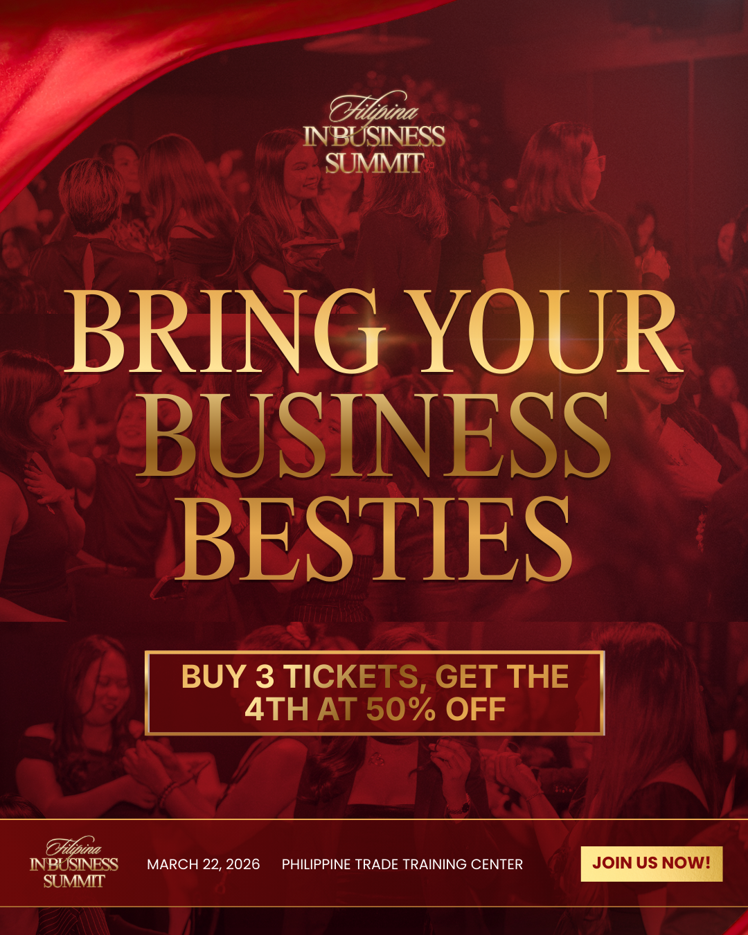 Filipina Women in Business Facebook ad: Bring Your Besties Get the 4th Ticket at 50% Off