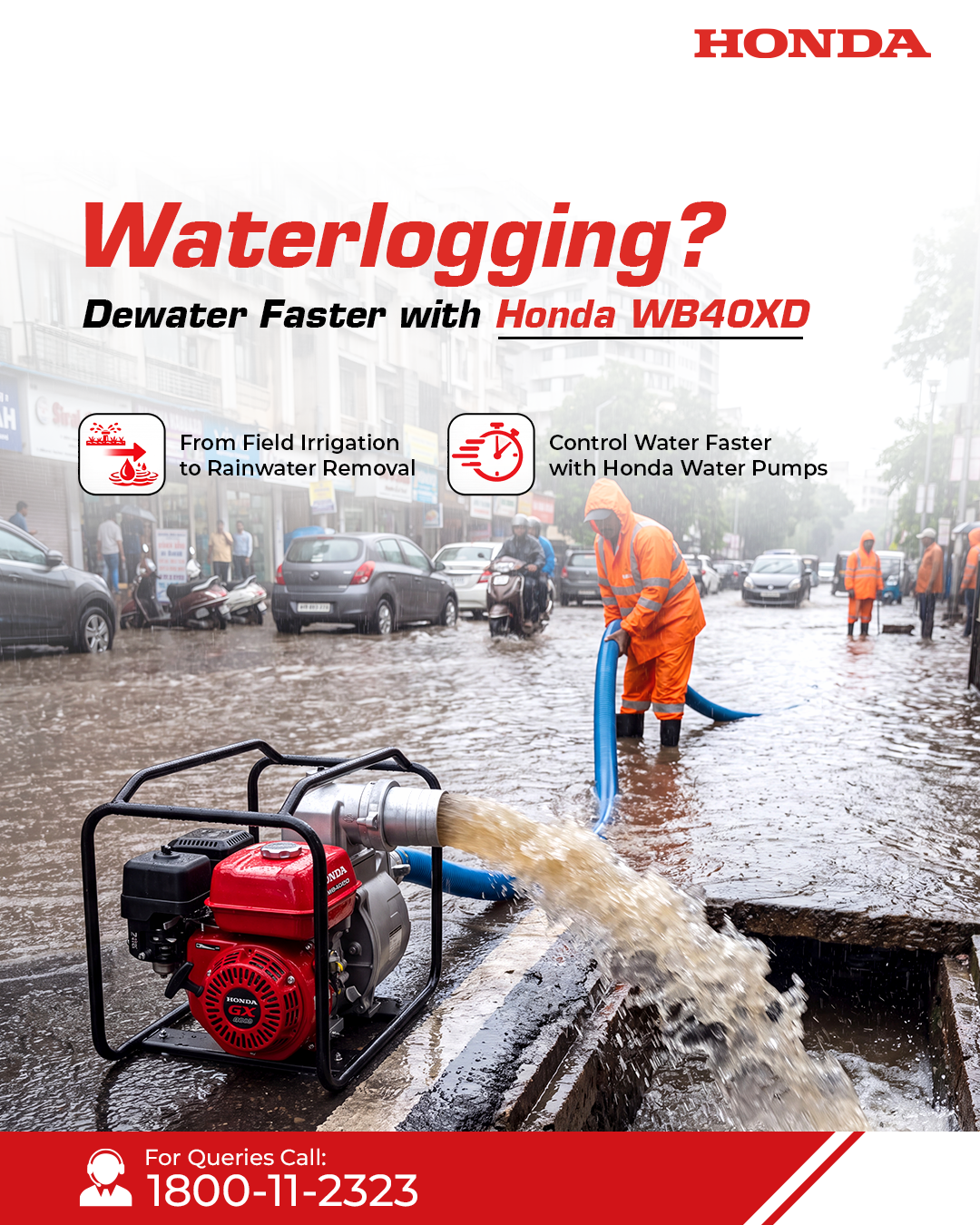 Honda India Power Products Limited Facebook ad: Waterlogging slowing you down?