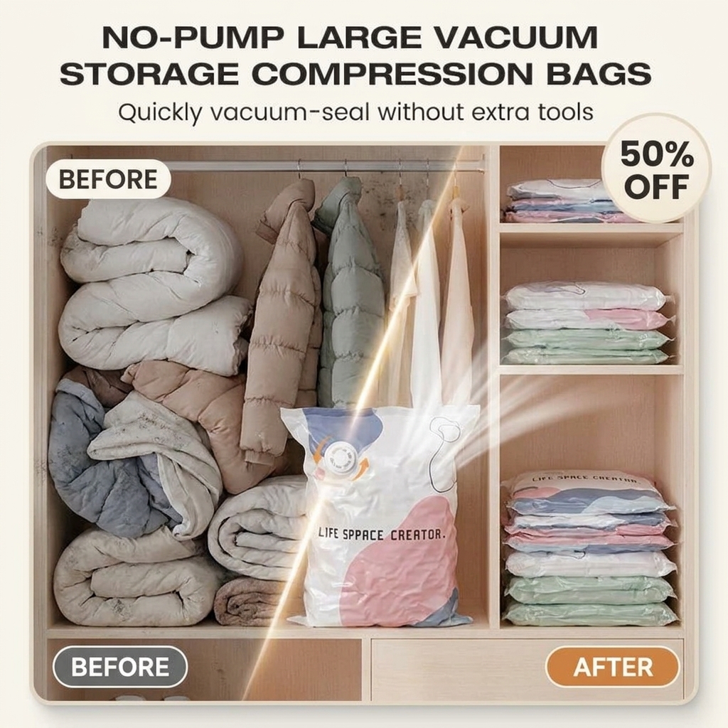 Coffroutils Facebook ad: No-Pump Vacuum Storage Compression Bags