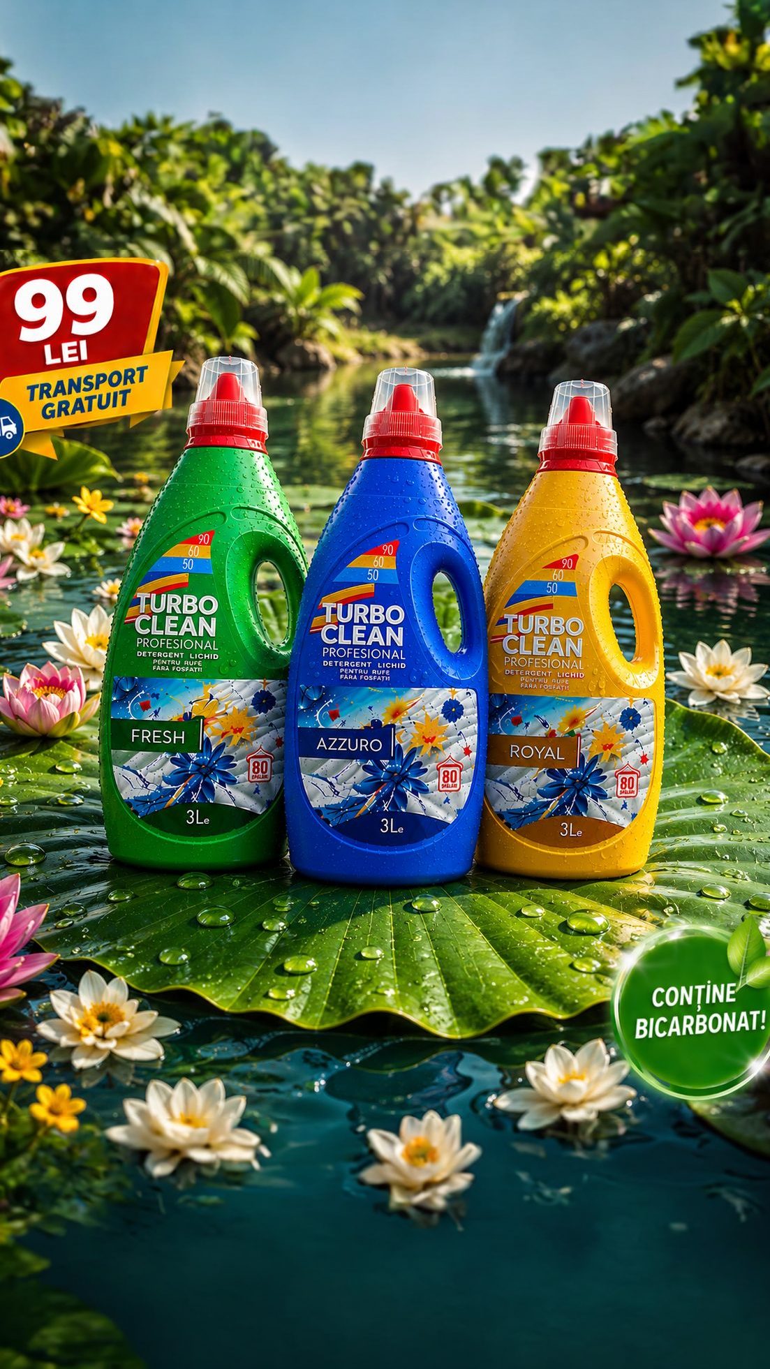 Eclean.ro Facebook ad: 3x Detergent Rufe Turbo Clean Economic 3L Bicarbonat de…