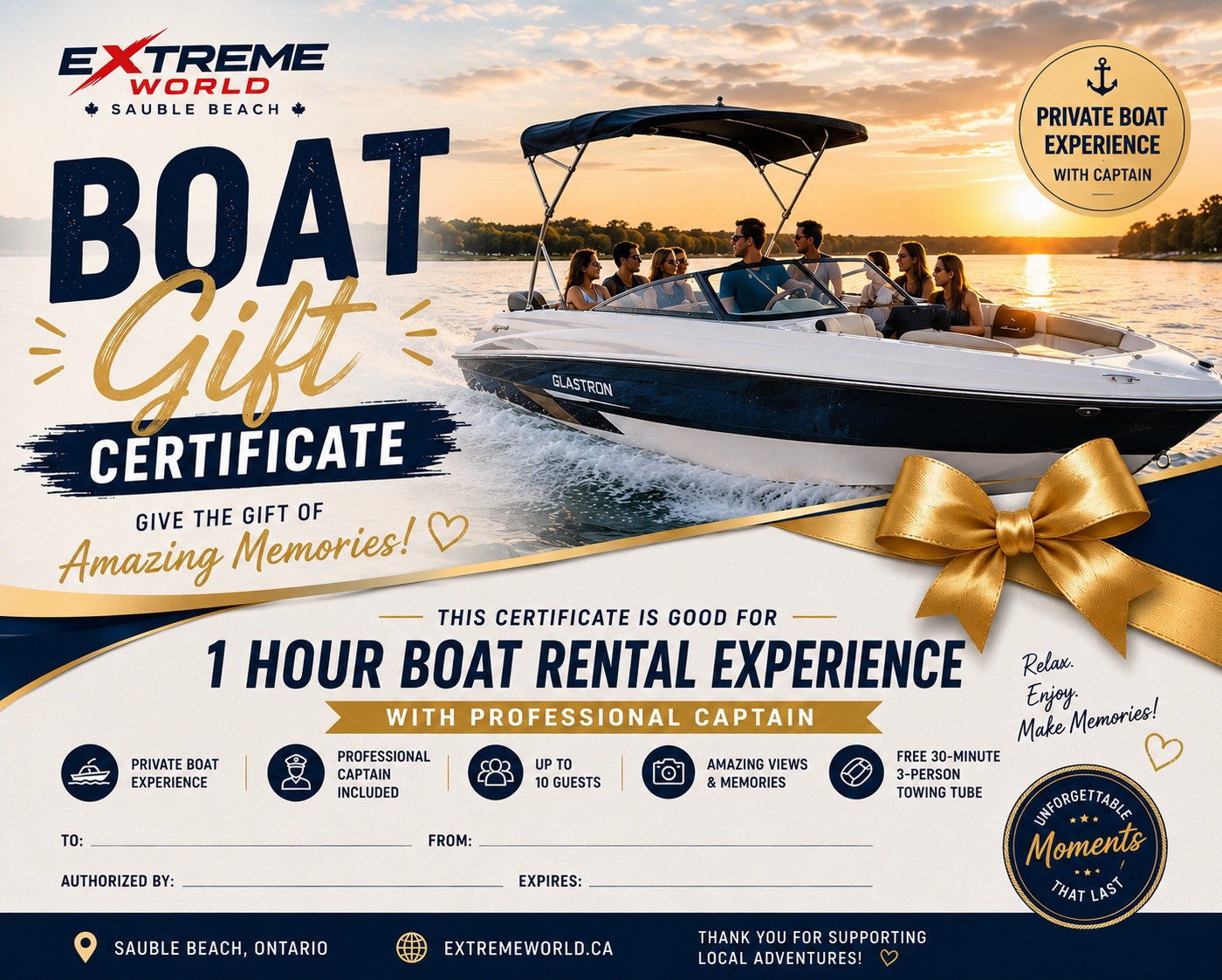 Extreme World Sauble Beach Facebook ad: **GIVE THE GIFT OF AN UNFORGETTABLE BOAT ADVENTURE!**
