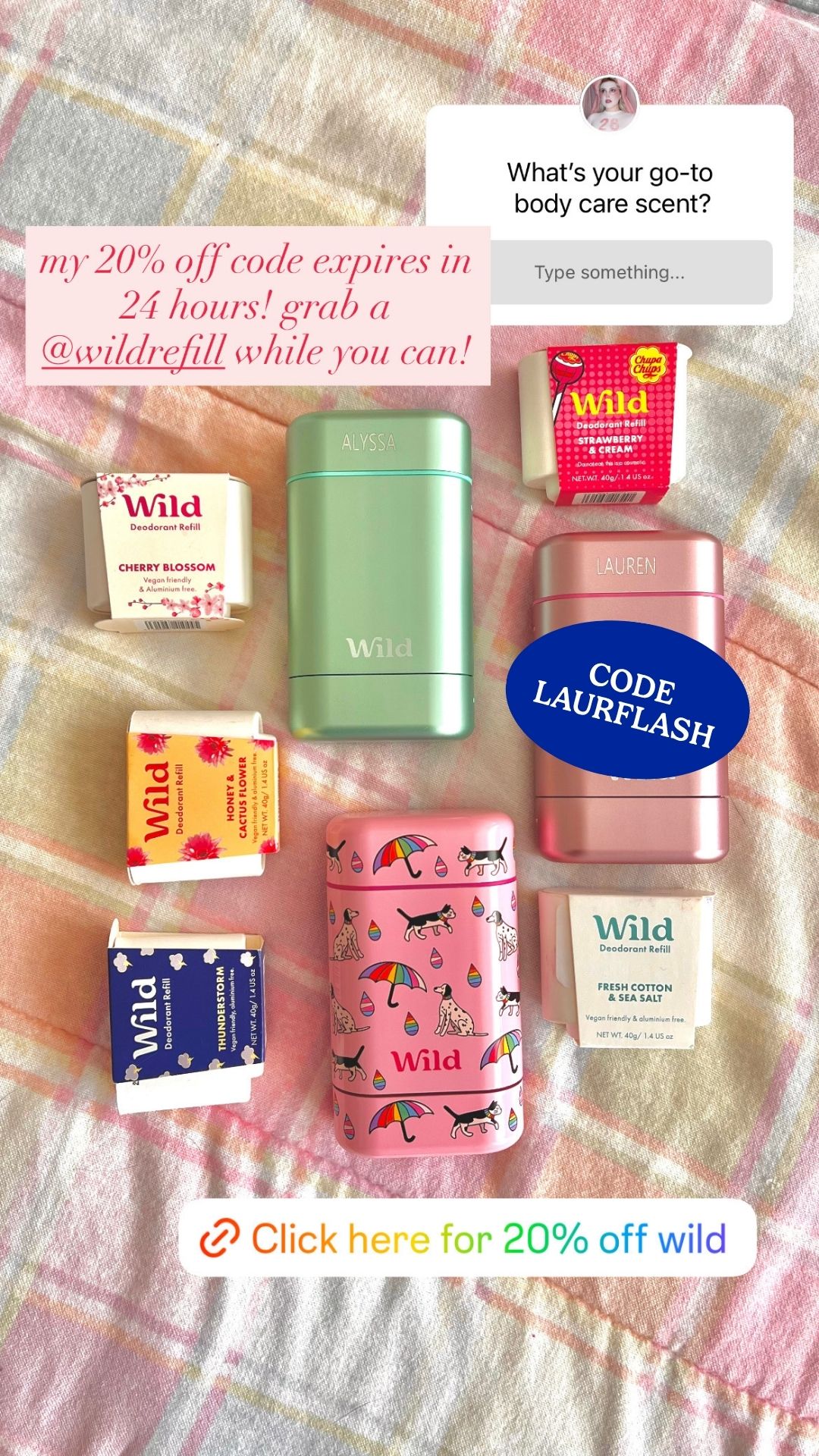 Wild Facebook ad: Get 20% off all Wild products with code LAURFLASH