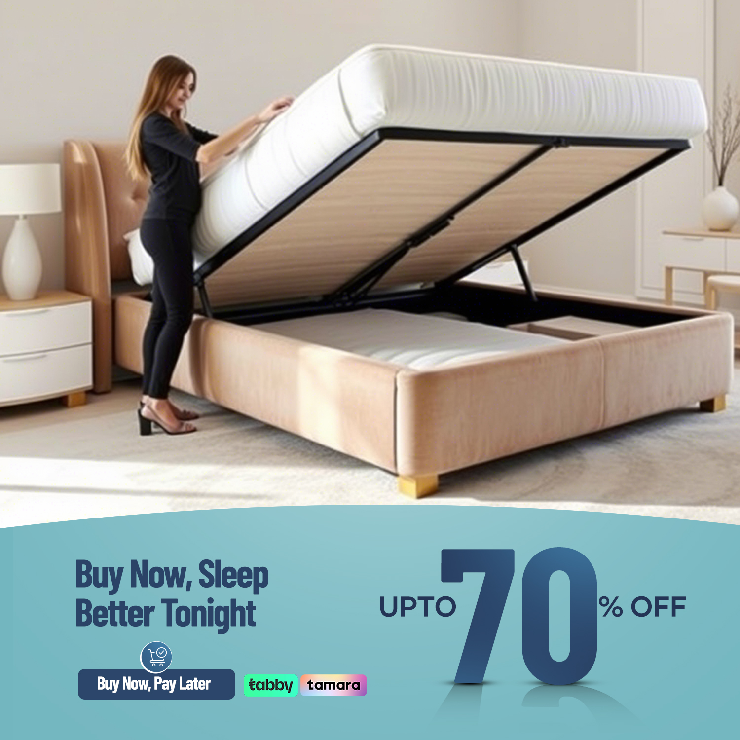 Bed & Pillows Facebook ad: Save space without bulky cupboards
