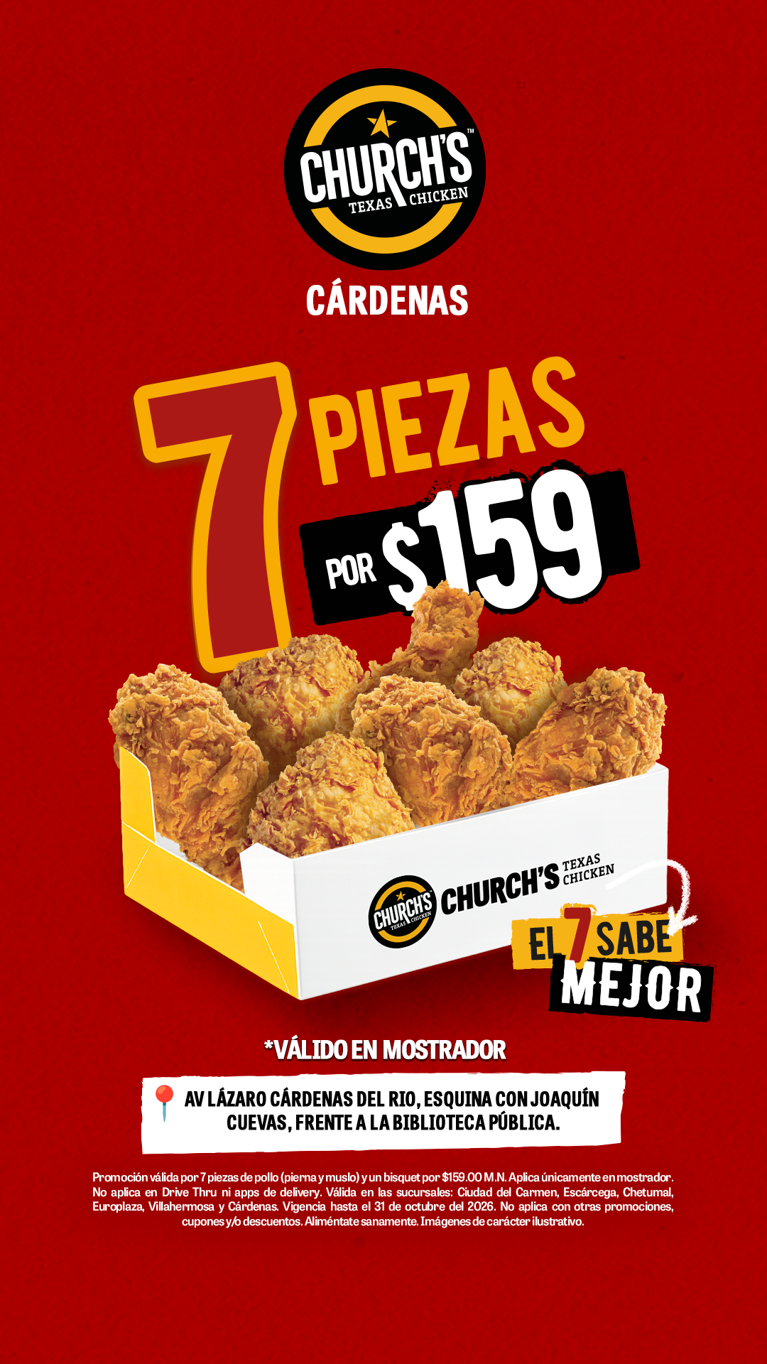 Churchs Texas Chicken MX Facebook ad: Church's Texas Chicken Cárdenas · Lázaro Cárdenas del Río…