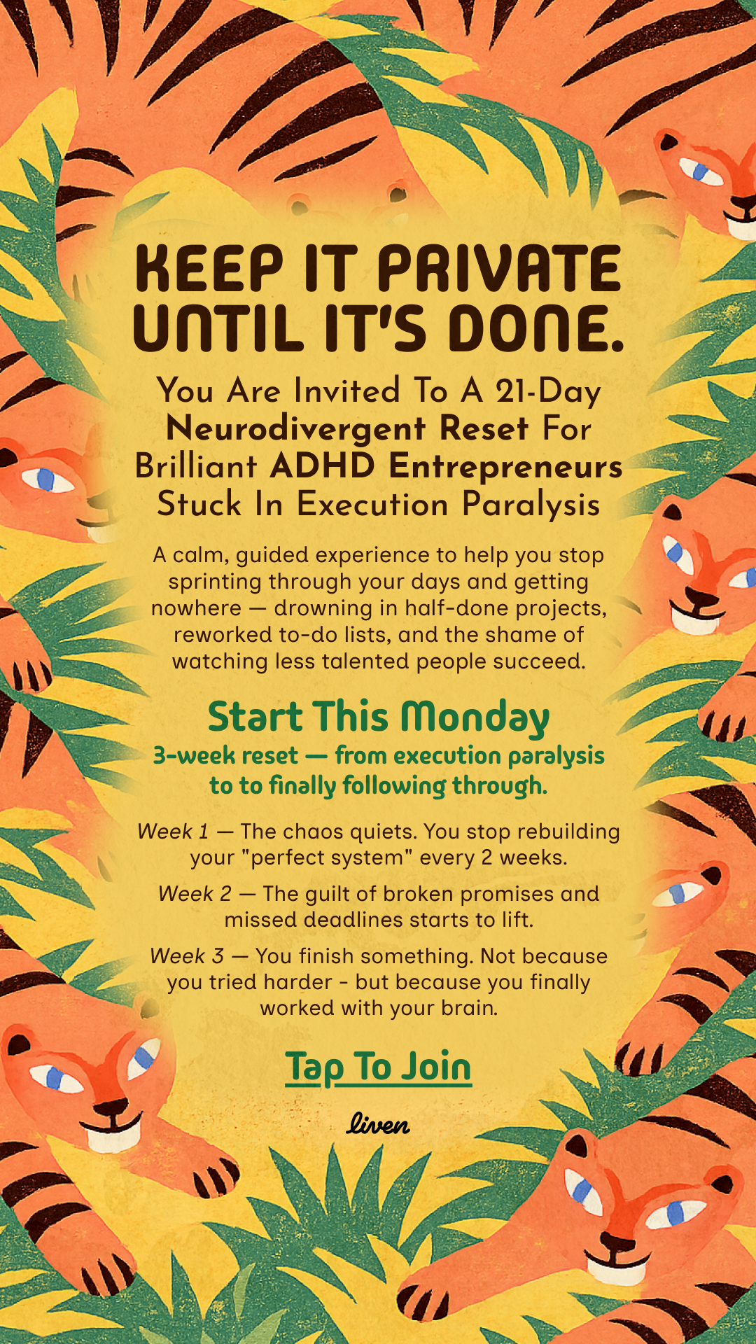 Liven: Train Your Brain to Switch Effortlessly Facebook ad: ADHD Is OK, But Ignoring the Self-Sabotage Isn’t!
