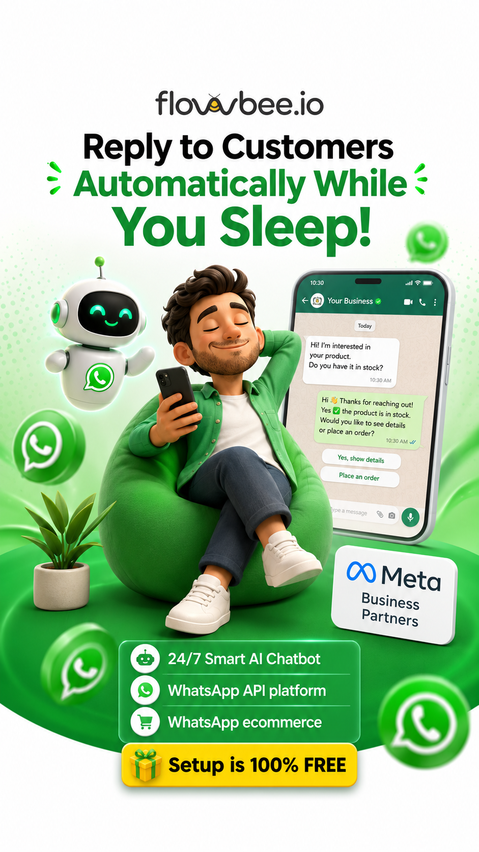 flowbee.io Facebook ad: Reply to Customers Automatically While You Sleep!