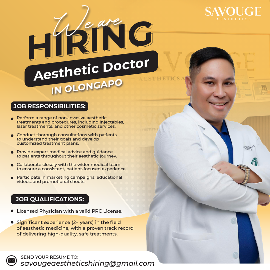Opportunities by Savouge Aesthetics Facebook ad: URGENT HIRING, AESTHETIC DOCTOR in Olongapo
