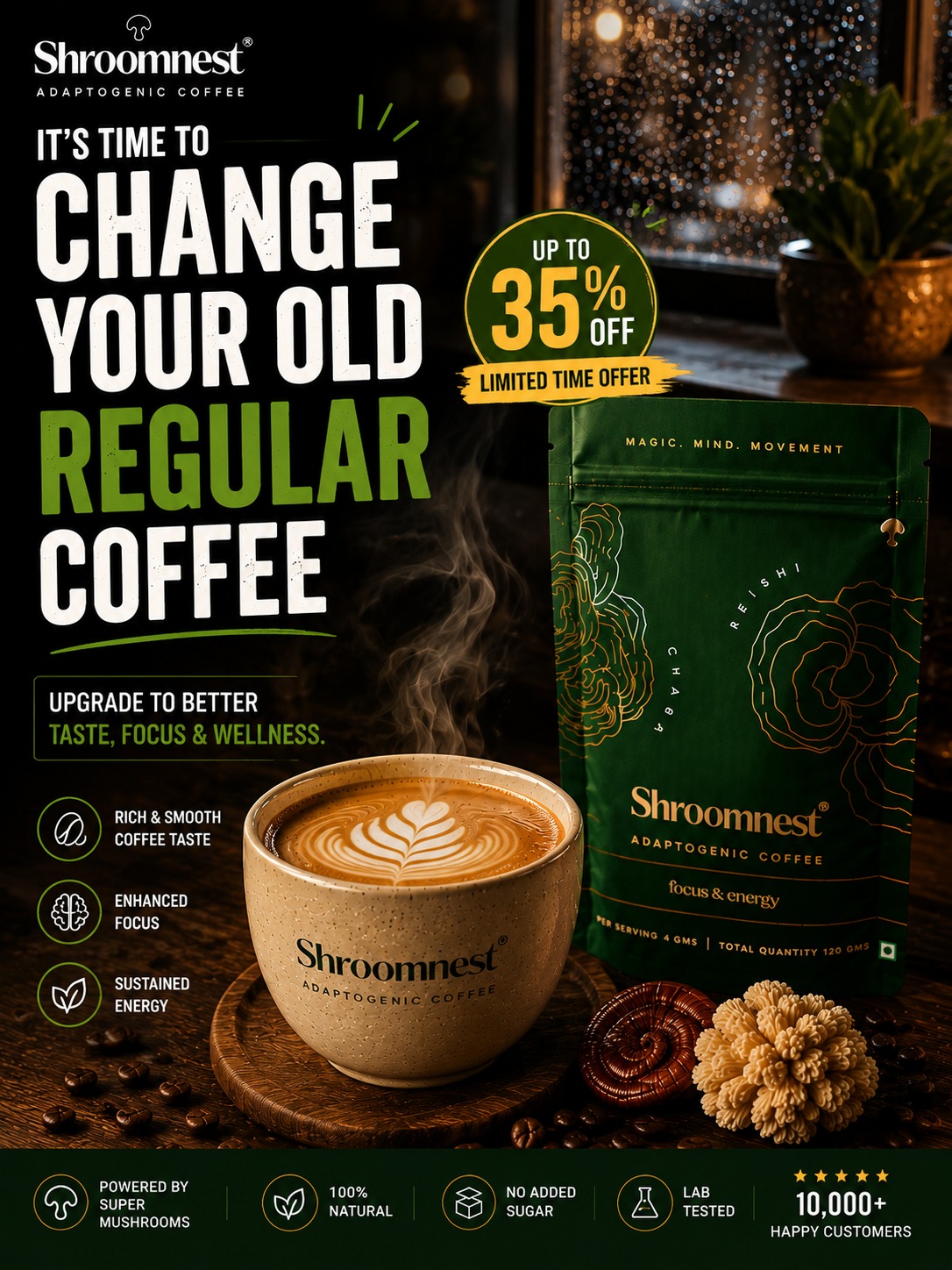 ShroomNest Facebook ad: It's Time to Change Your Regular Coffee.