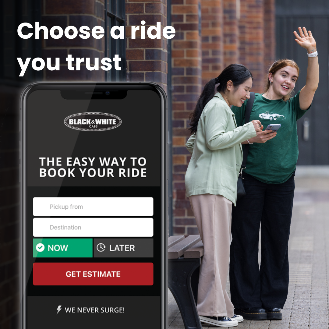 Black & White Cabs Facebook ad: Ride confidently and safety.