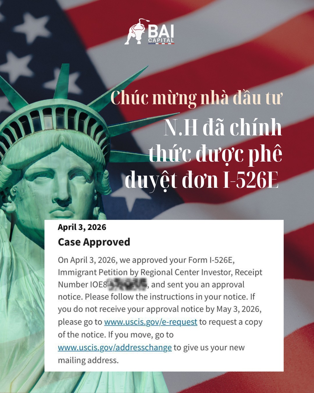 BAI Capital Vietnam Facebook ad: CHÚC MỪNG NHÀ ĐẦU TƯ EB-5 ĐƯỢC USCIS…