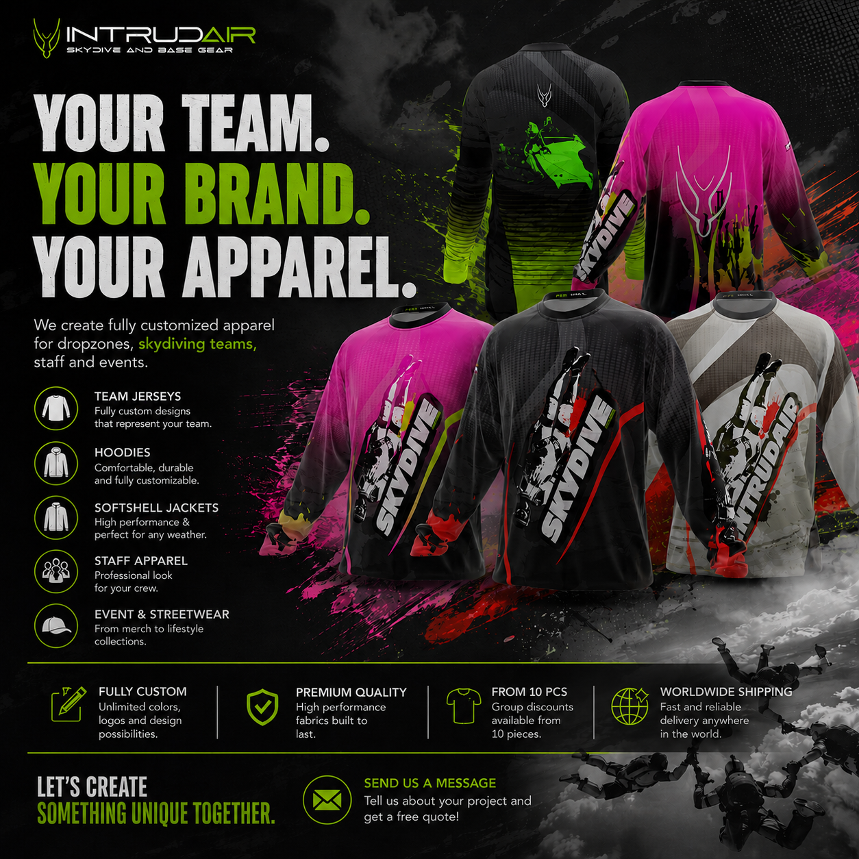 Intrudair Skydive and Wingsuits Facebook ad: Custom Apparel for Your Dropzone