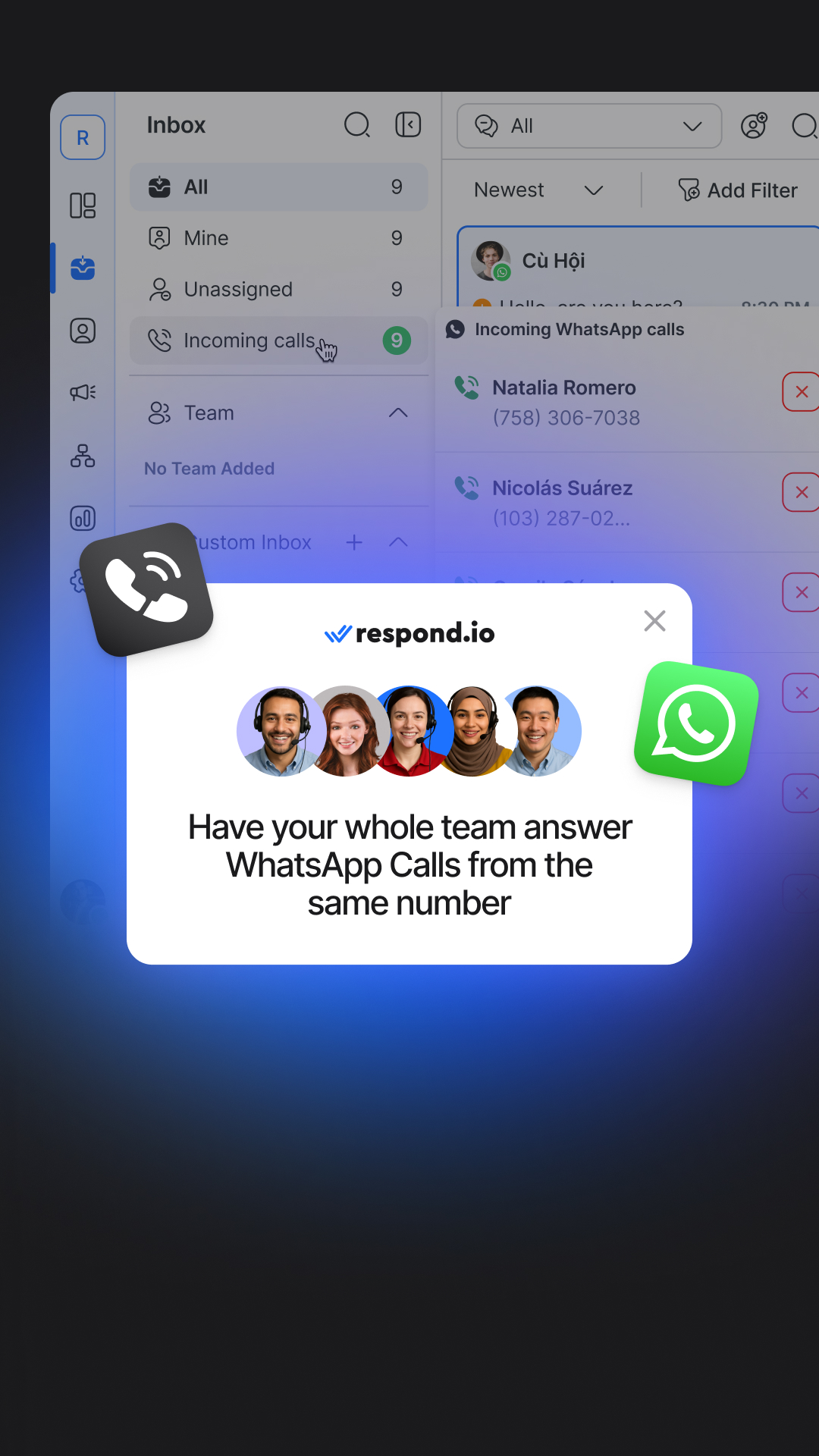 respond.io Facebook ad: One WhatsApp number for your entire team