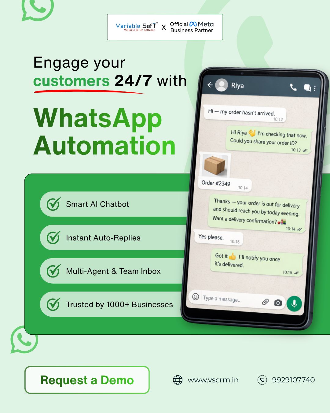 Variable Soft Facebook ad: Still replying to customer WhatsApp messages manually?