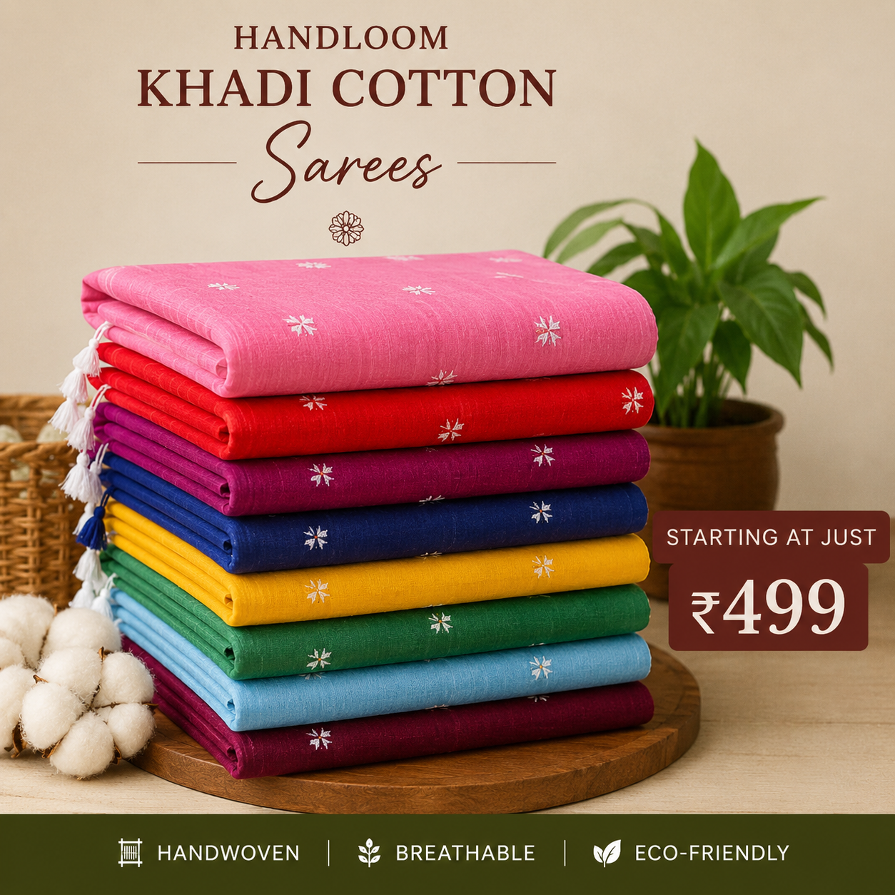 coconee.in Facebook ad: Pure Hand-loom Khadi Cotton Saree's starting ₹499