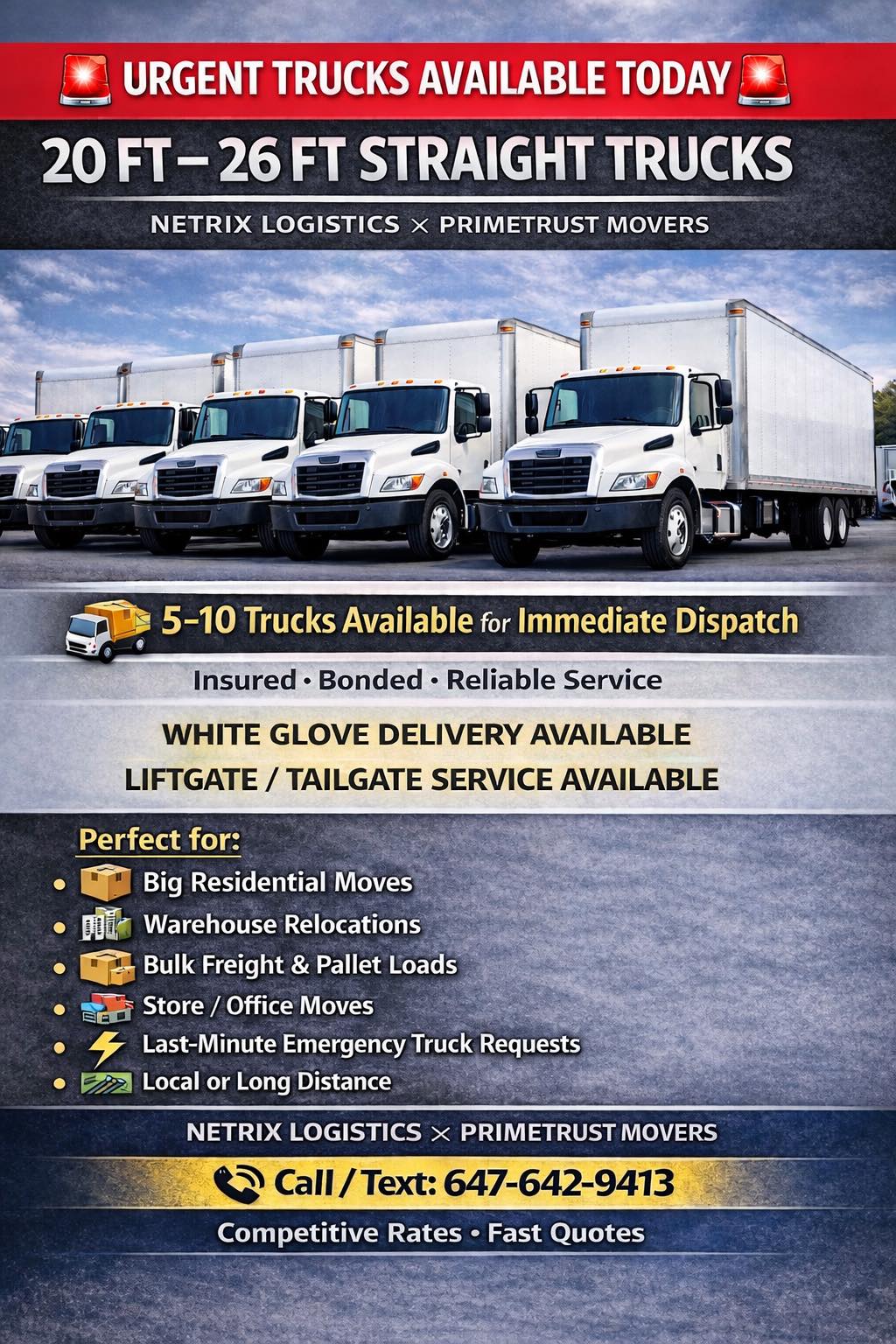 PrimeTrust Movers Facebook ad: URGENT TRUCKS AVAILABLE TODAY