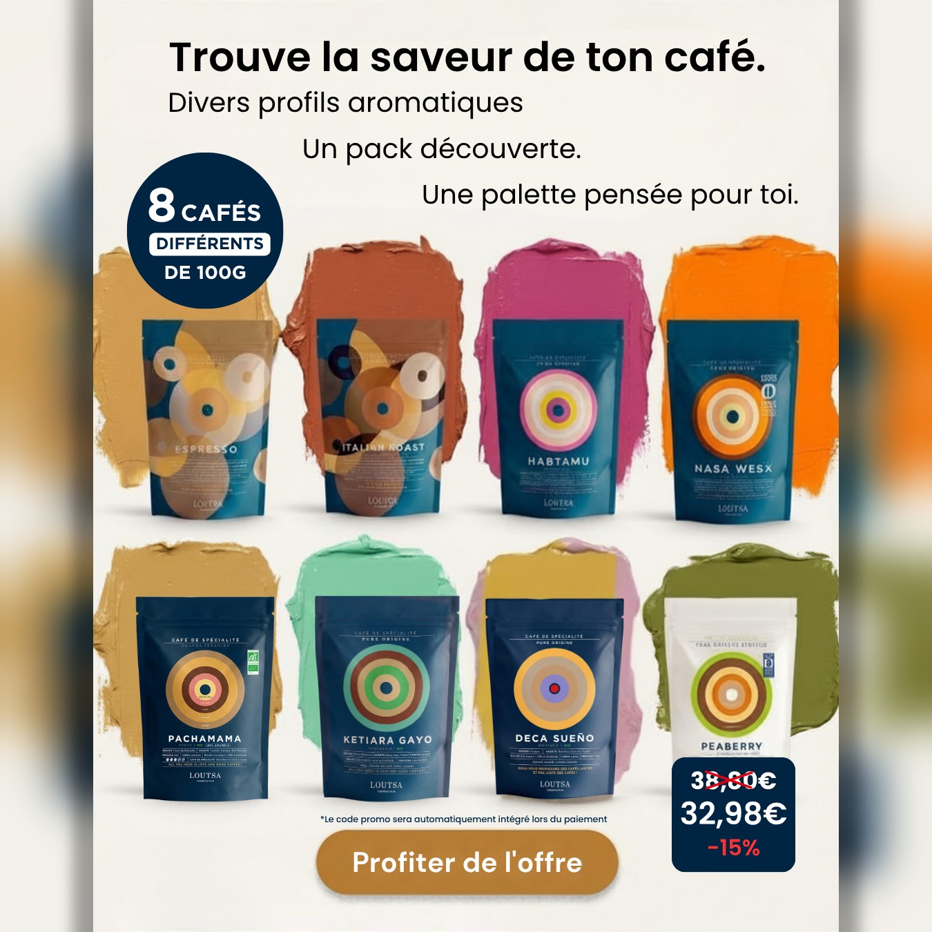 Loutsa Torréfacteur Facebook ad: Offre EXCEPTIONNELLE: -15% sur le coffret COULEURS CAFÉ