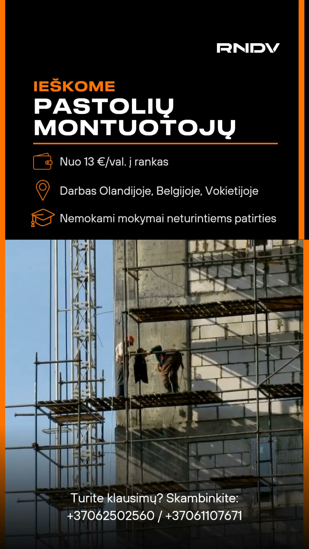 RNDV Facebook ad: Ieškome PASTOLIŲ MONTUOTOJŲ Nuo 13 €/val. į rankas