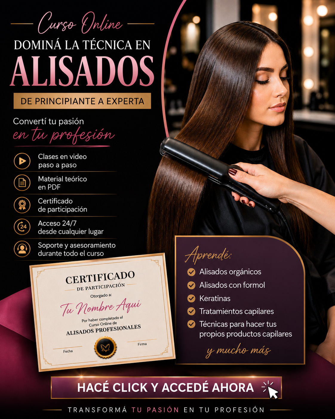 GlowUp Academy Facebook ad: Curso Online de Peluquería y Alisados