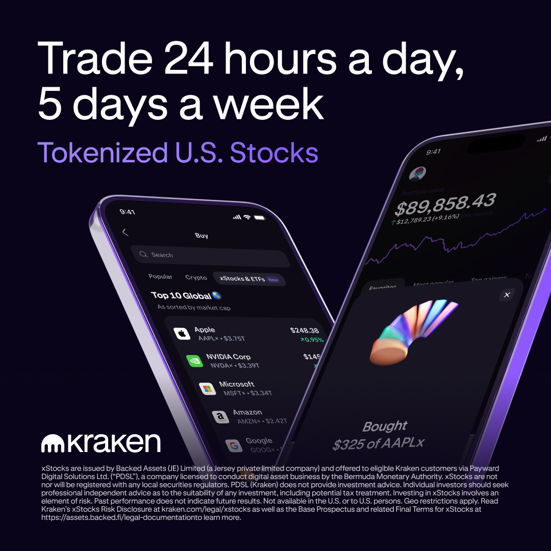 Kraken Digital Asset Exchange Facebook ad: 55+ tokenized US equities available