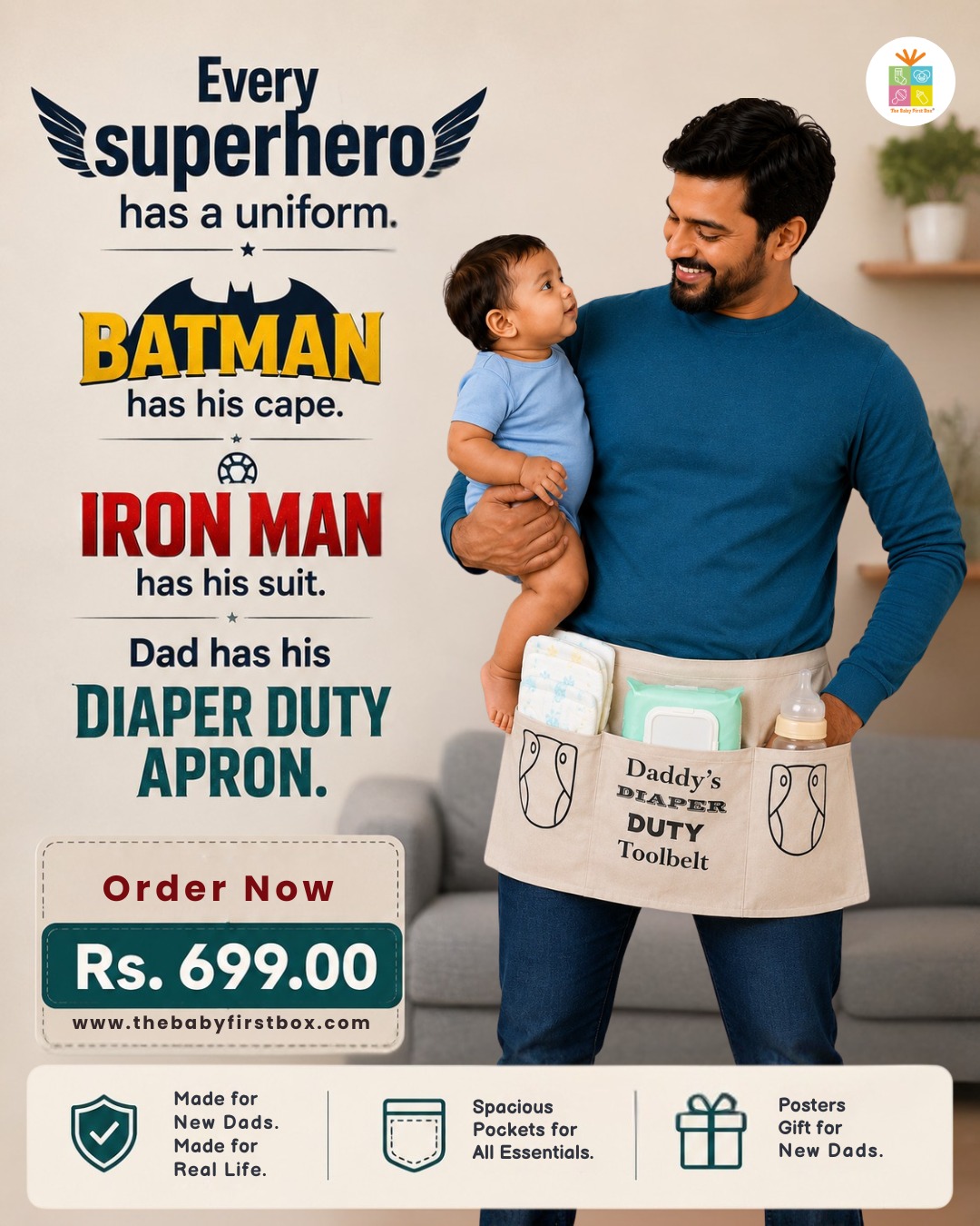 The Baby First Box Facebook ad: The Baby First Box - Daiper Duty Dad Apron
