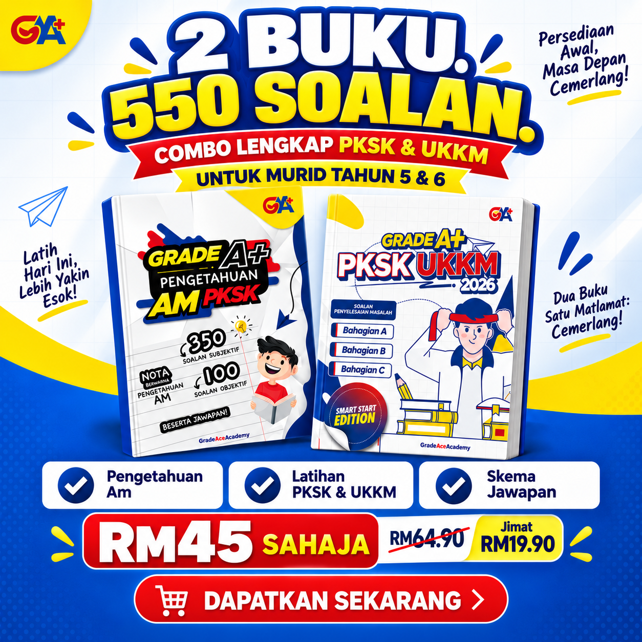 Grade Ace Academy Facebook ad: 2 Buku PKSK & UKKM Hanya RM45