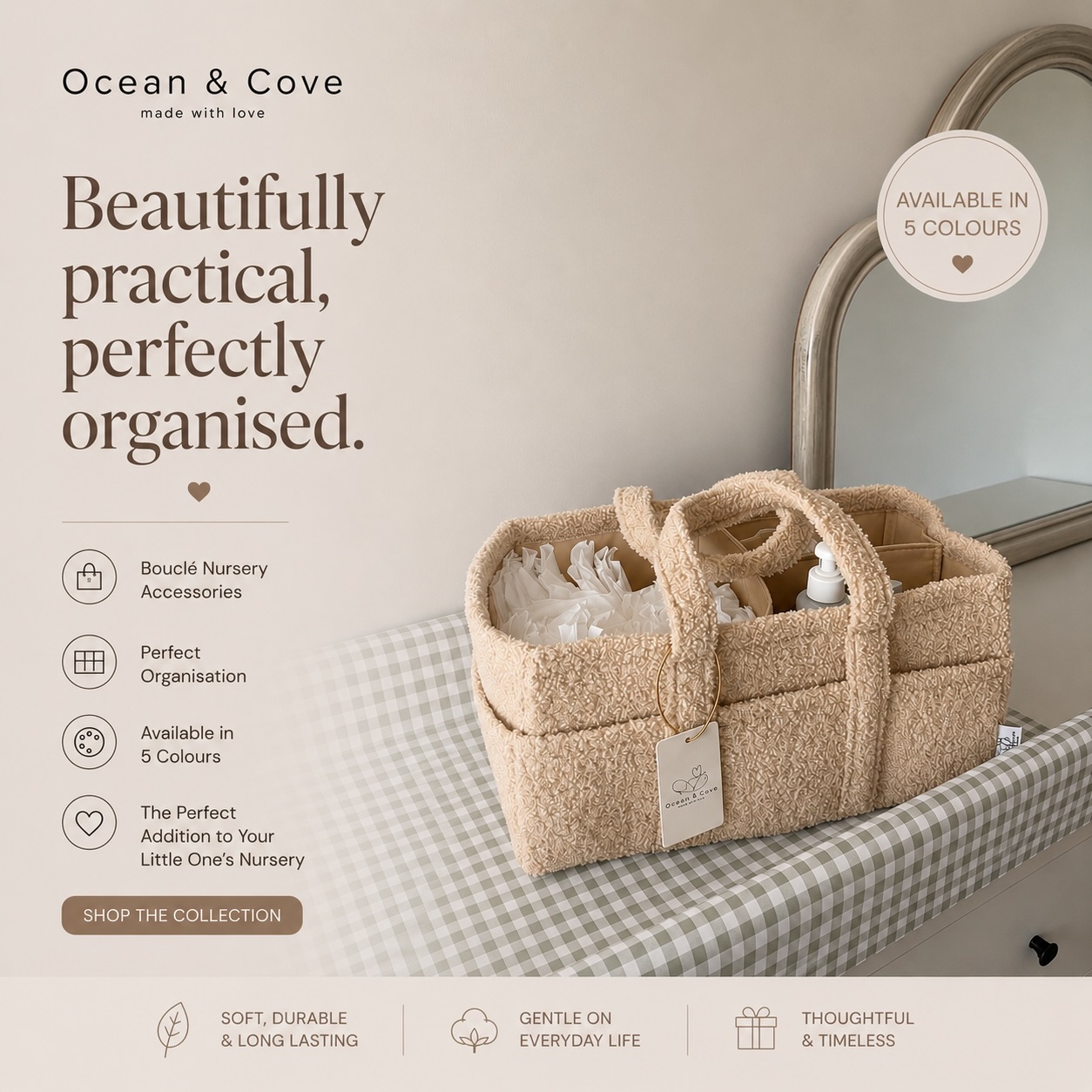 Ocean & Cove Facebook ad: Baby essentials, Caddy, Bibs & Teddys