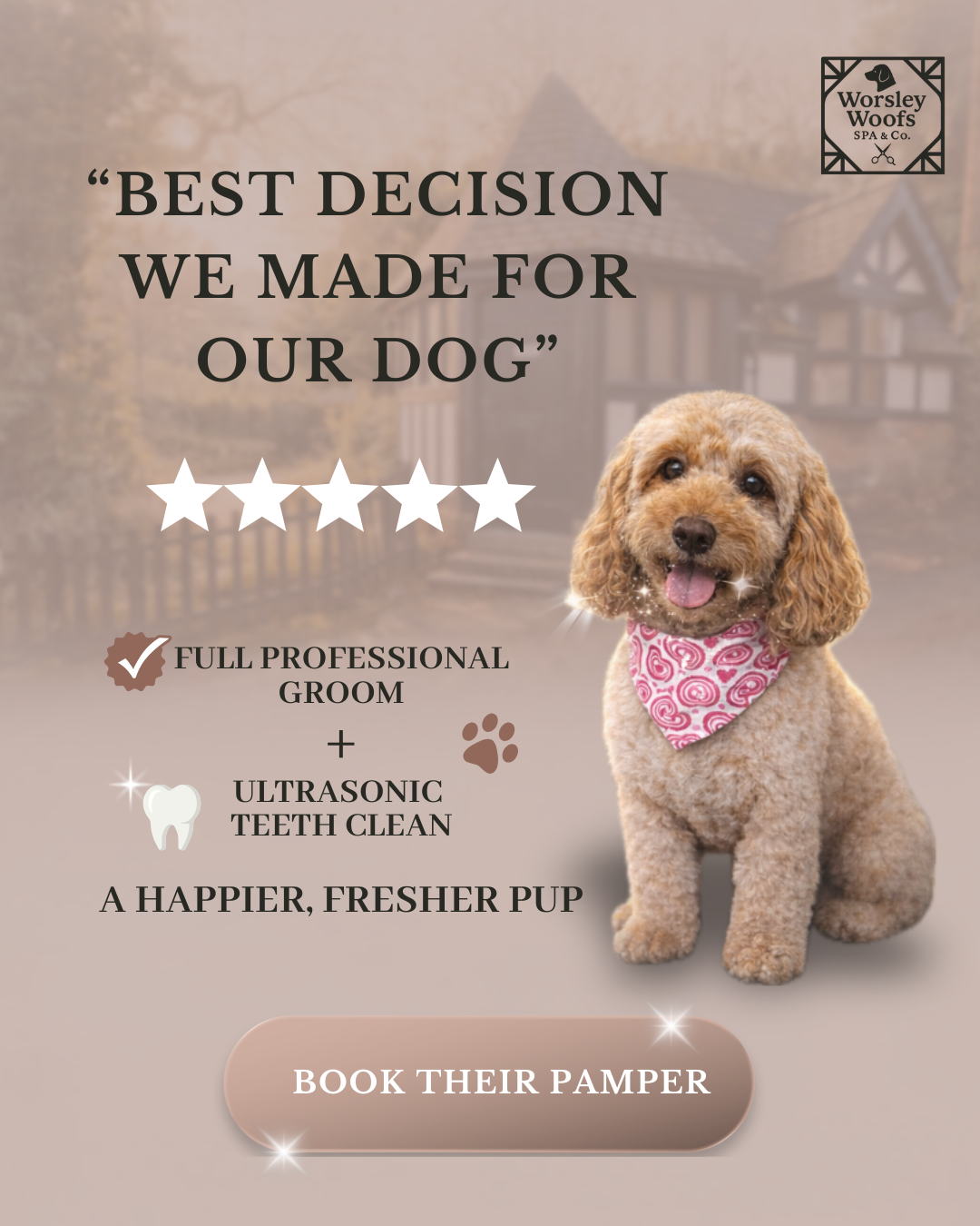 Worsley Woofs Spa & Co. Facebook ad: Save £15 on Groom + Teeth Clean