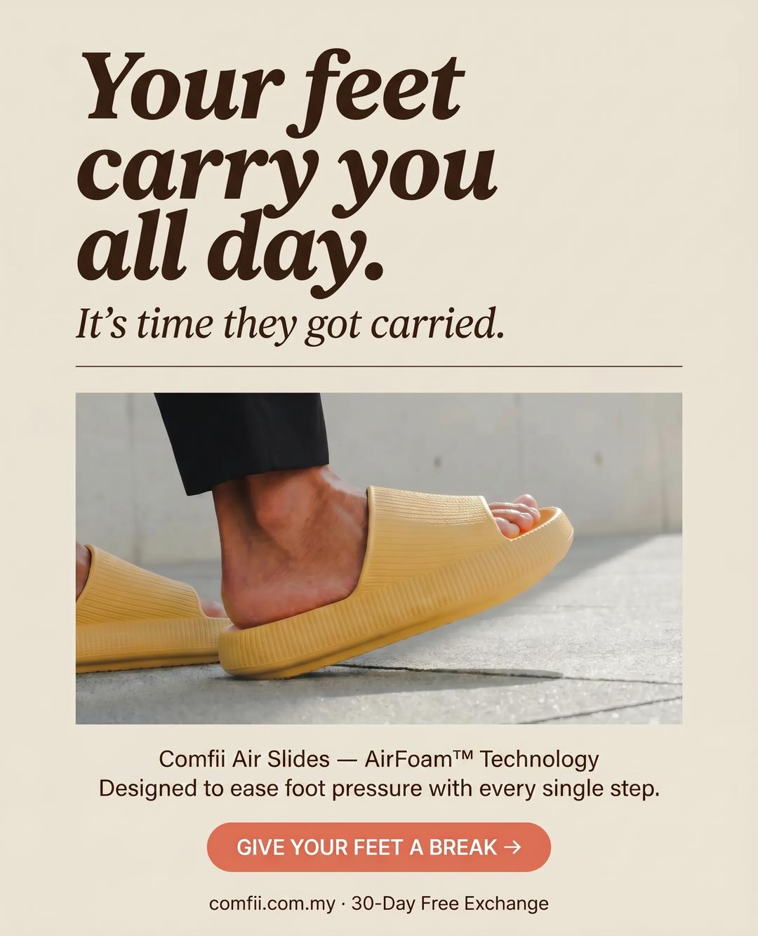 Comfii Facebook ad: Give Your Feet the Break They Deserve.