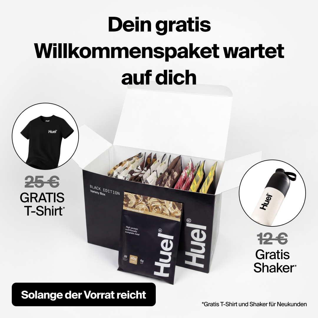 Huel Facebook ad: Keine Zeit zum Kochen? Entdecke Huel Black Edition.