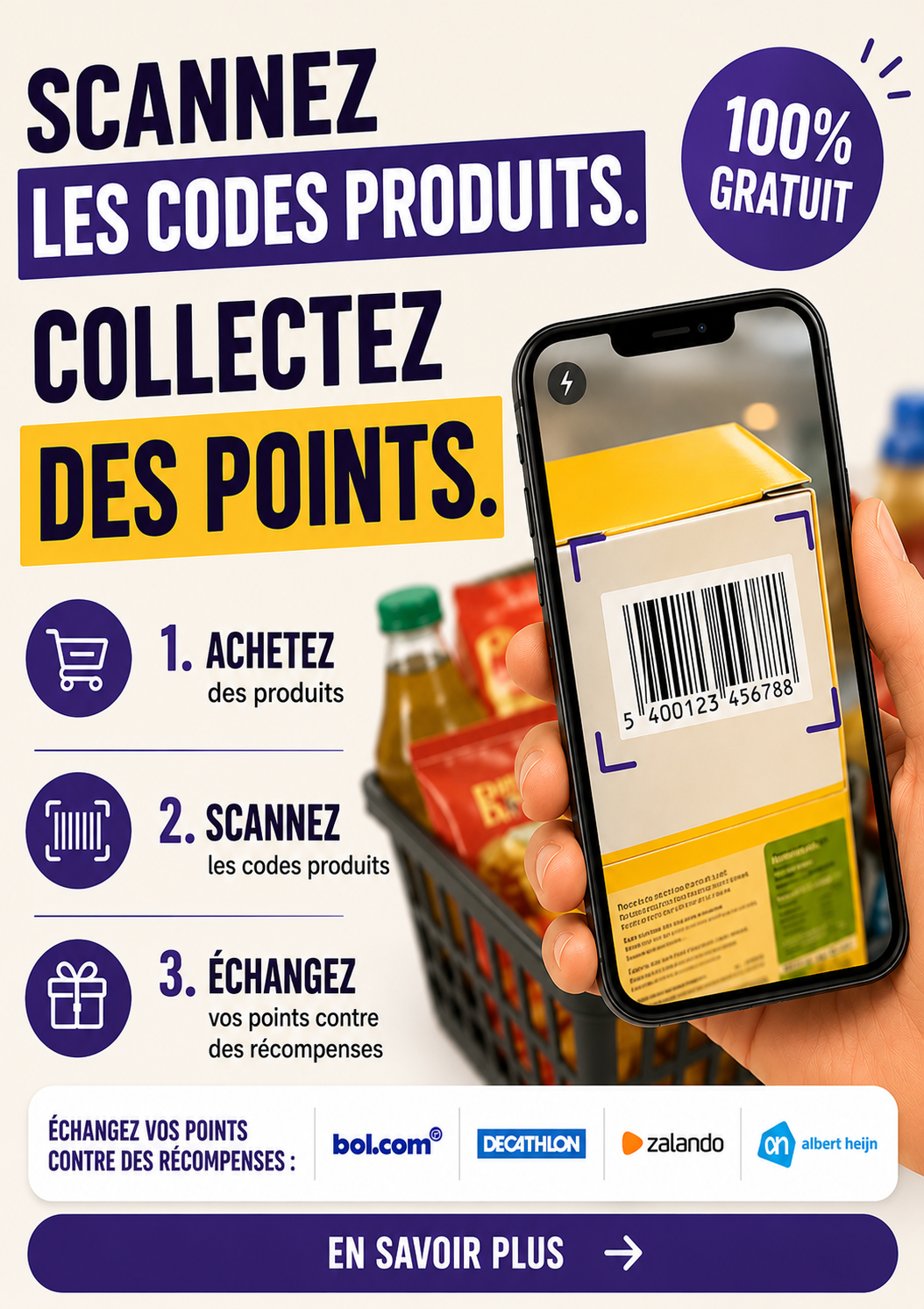 De belles récompenses pour vos courses Facebook ad: Scannez les codes produits & gagnez des points