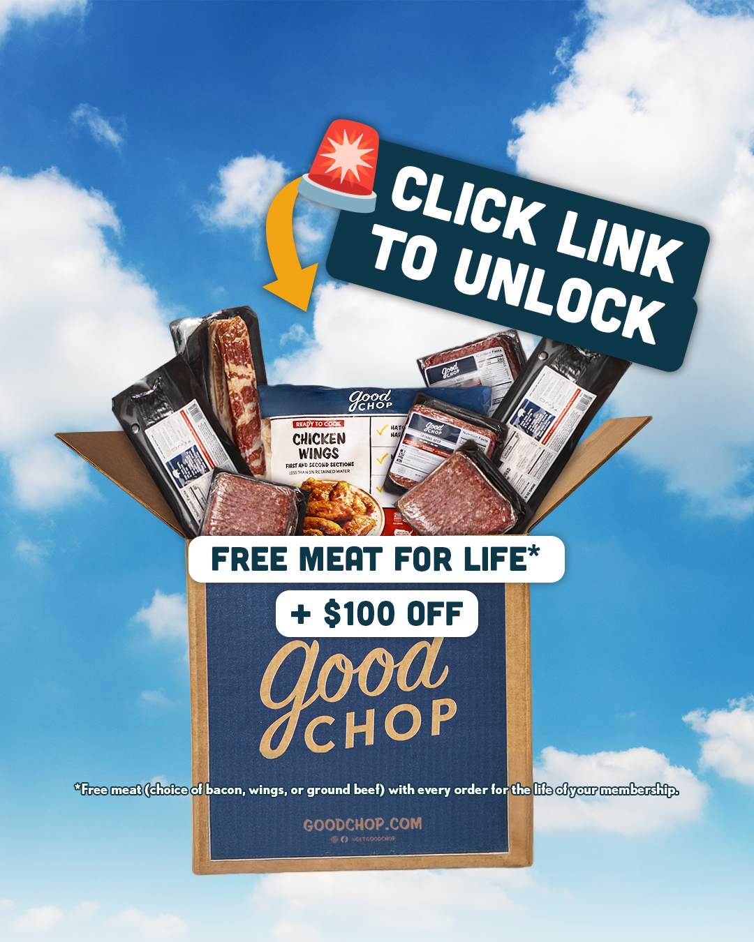 GoodChop Facebook ad: FREE Meat For Life + $100 Off!