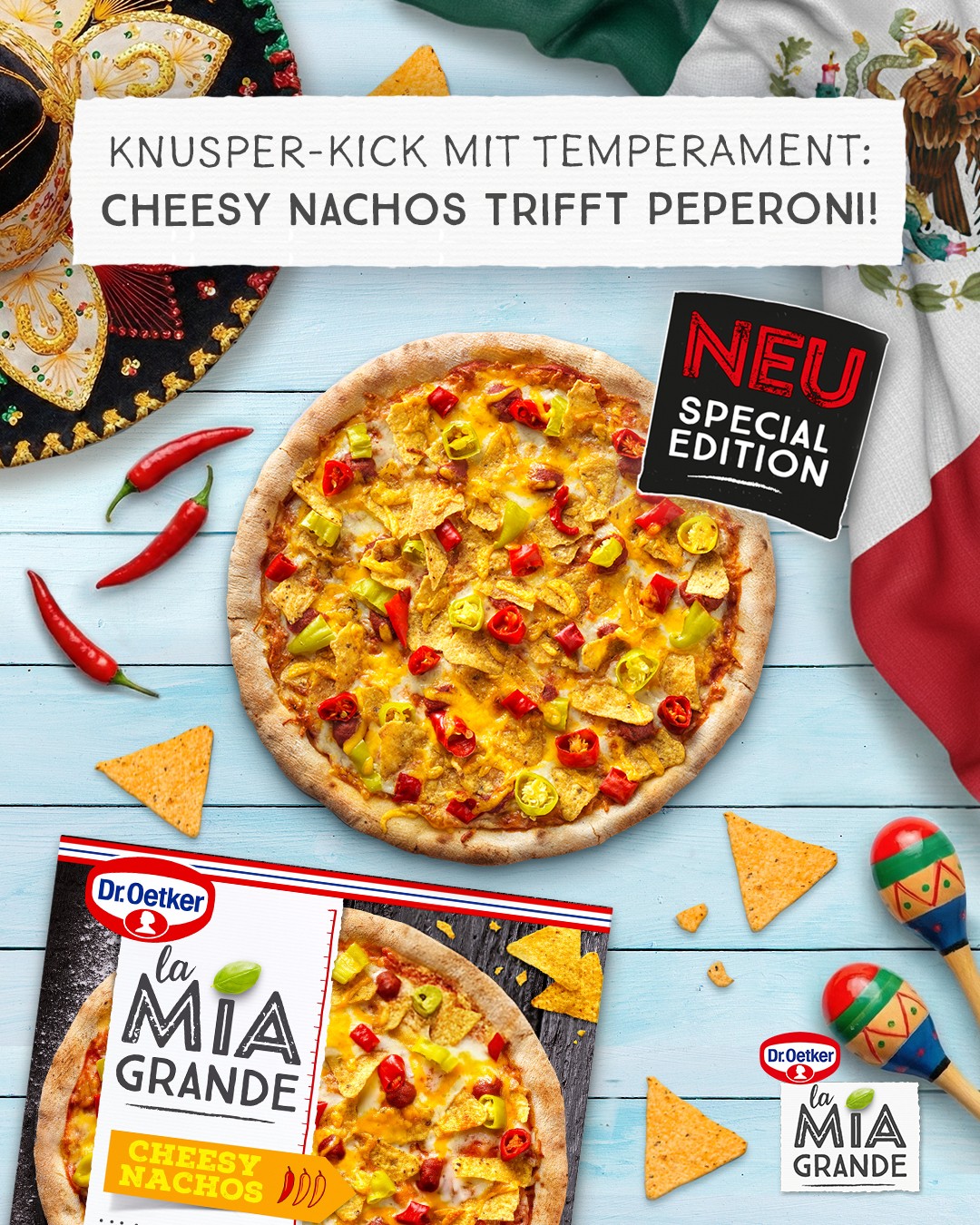 Dr. Oetker Pizza Deutschland Facebook ad: ¡Ay Caramba! Unsere neue vegetarische Sorte Cheesy Nachos…