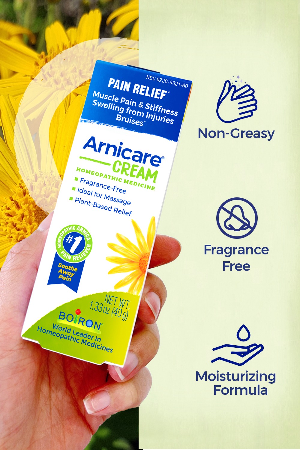 BOIRON USA Facebook ad: Unscented & Non-Greasy, Plant-powered pain relief